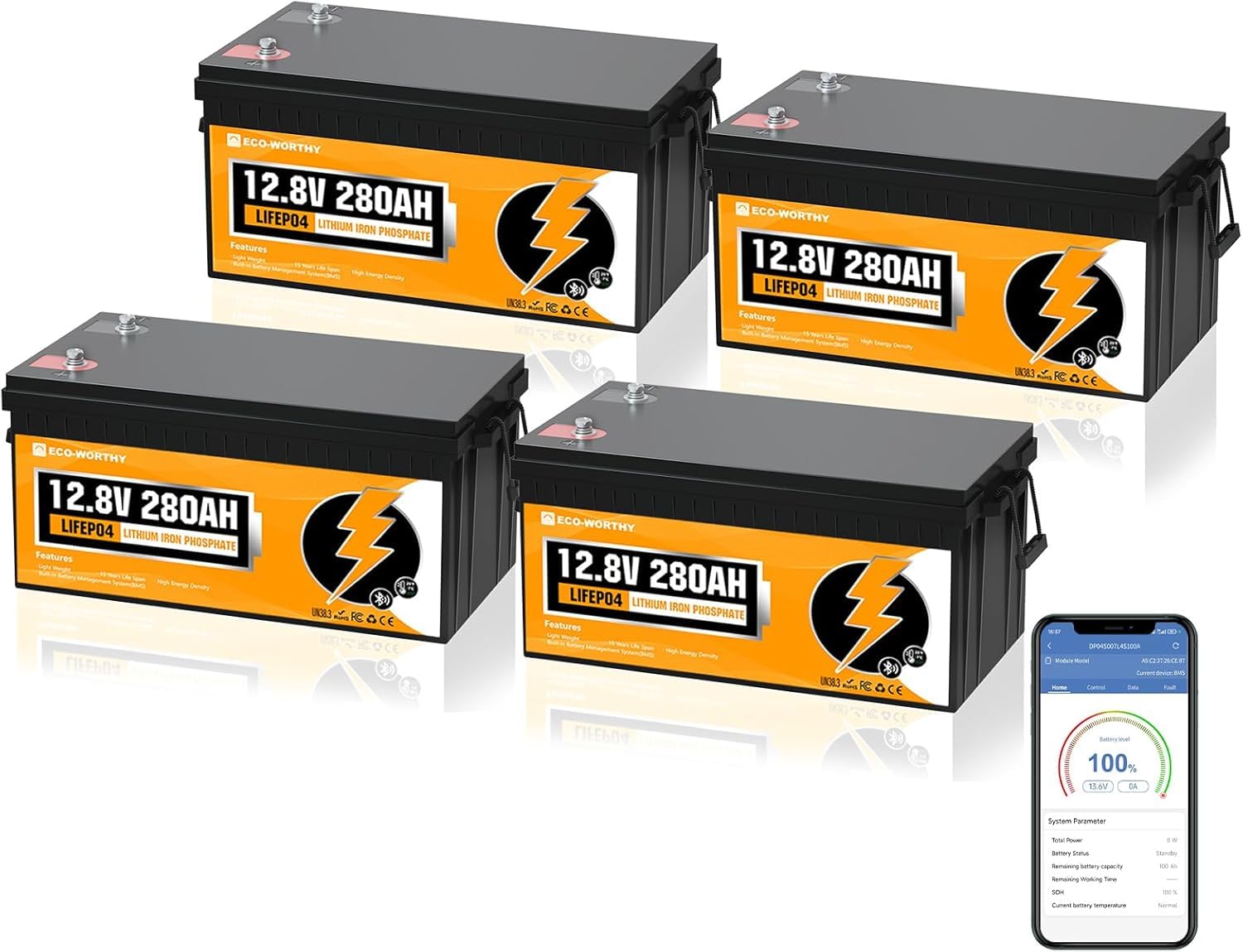 ECO-WORTHY 12V 280Ah 4Pack LiFePO4 Lithium Battery with Bluetooth, Low-Temp Protection, Built-in 200A BMS, 14.34kWh Energy for RV, Off-Grid, Solar Power System, Home Backup, Camping
