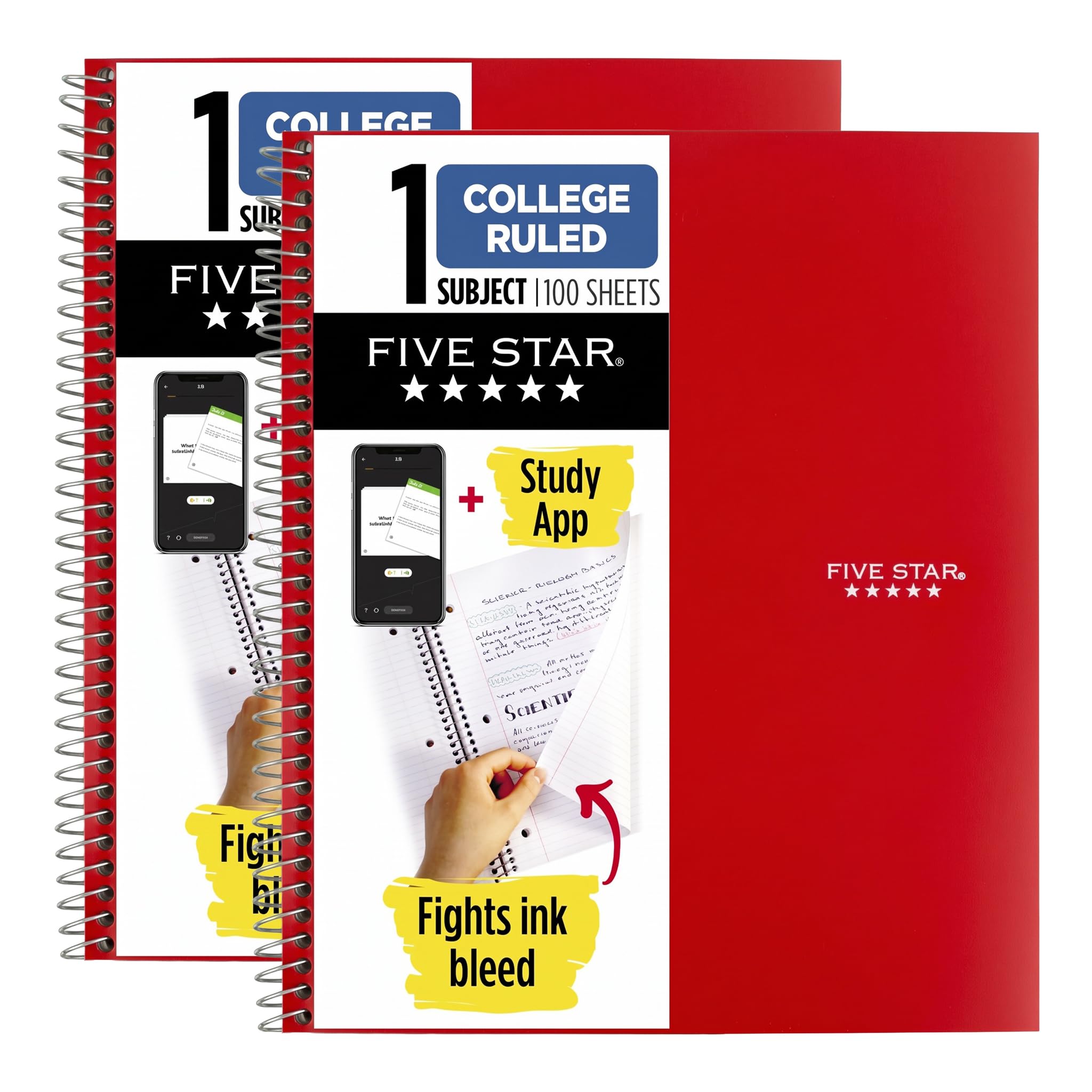 Five Star Spiral Notebook Plus Study App, 1 Subject, College Ruled Paper, 100 Sheets, 8-1/2" x 11", Fire Red (72053) (Pack of 2)