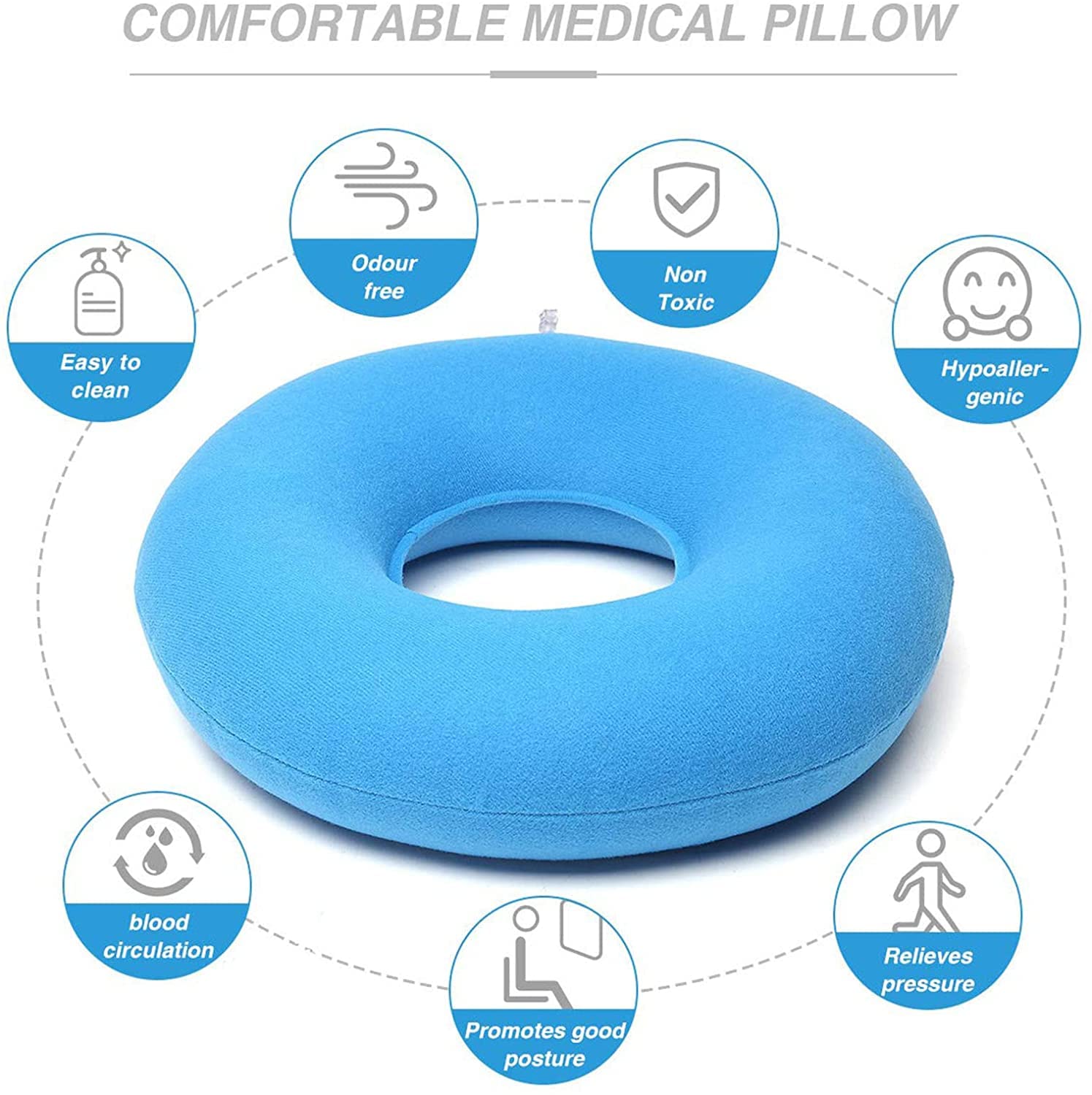 Asiento de cojín de dona, cojín de asiento inflable Anillo de almohada Almohada de dona portátil Cojín de asiento de sillas de ruedas redondas, reduce la presión sobre el nervio ciático del usuario