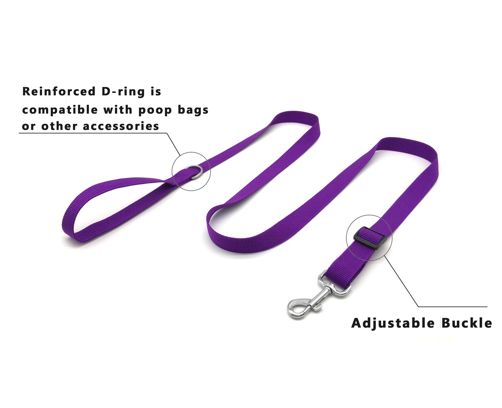 TAIAN Correa de nailon ajustable para perro, correas de perro de 4 pies, 5 pies y 6 pies de largo para perros medianos y grandes (morado)