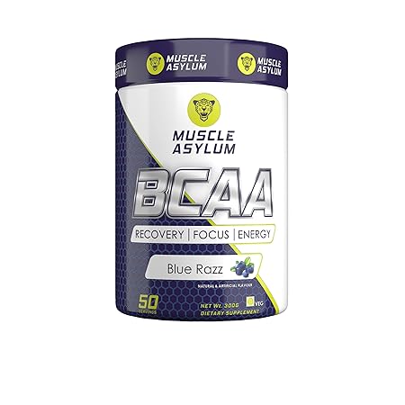 Muscle Asylum Bcaa Powder ?? 0g Sugar Pre/Post & Intra Workout Muscle Recovery Drink with Amino Acids (Blue Razz) - 3g of BCAAs With Nootropics Matrix for Men & Women ?? (50 Servings)