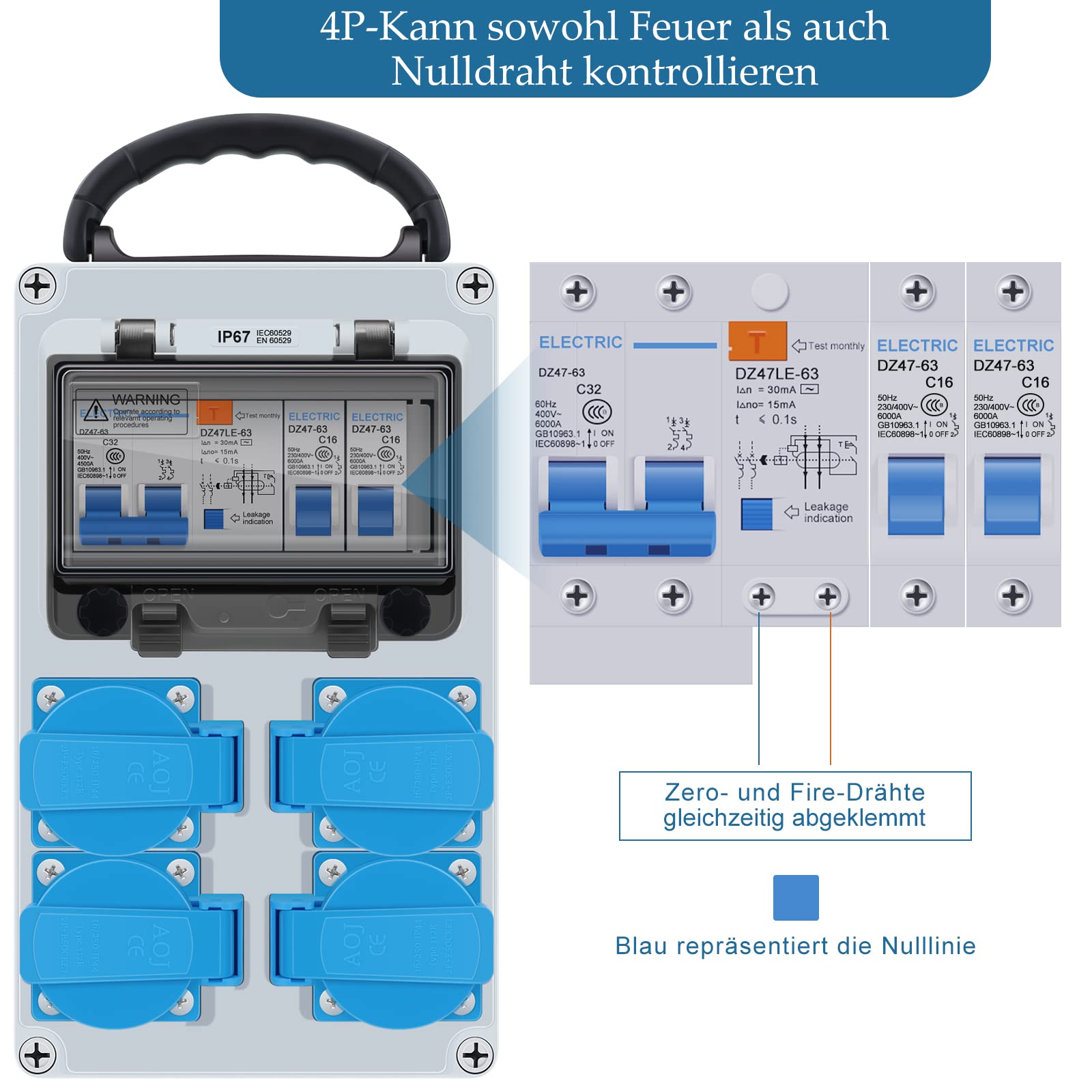 HITRENDS Distributore di corrente da parete, precablato, 4 prese Schuko da 230 V, 1 interruttore FI 32 A + 2 interruttori LS 16 A, IP67, impermeabile per interni ed esterni
