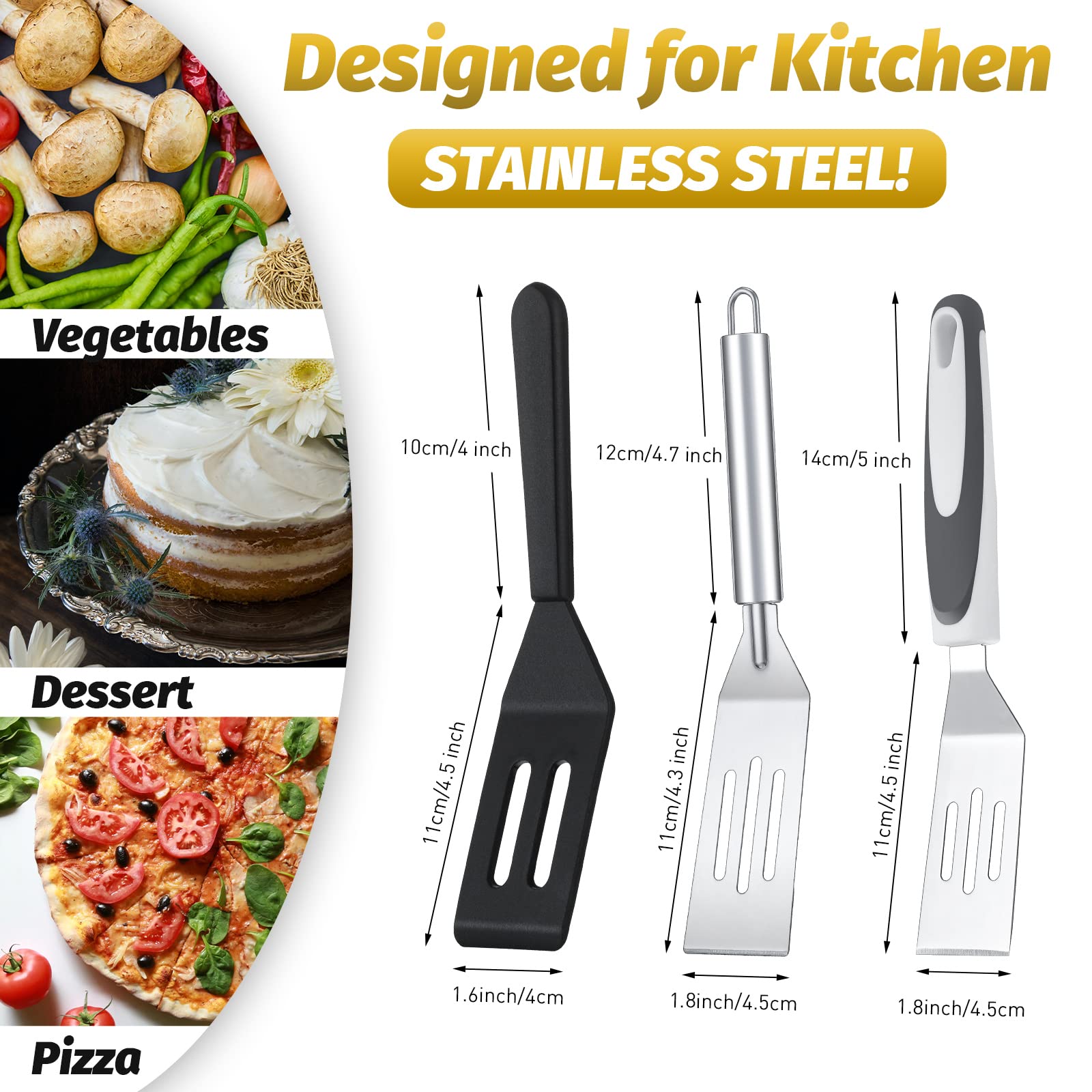 Chengu 4-Piece Mini Brownies Serving Spatula Set - Stainless Steel & Silicone Nonstick Slotted Spatula for Kitchen, Cutting & Serving Desserts, Small Frying Pan, Cookie