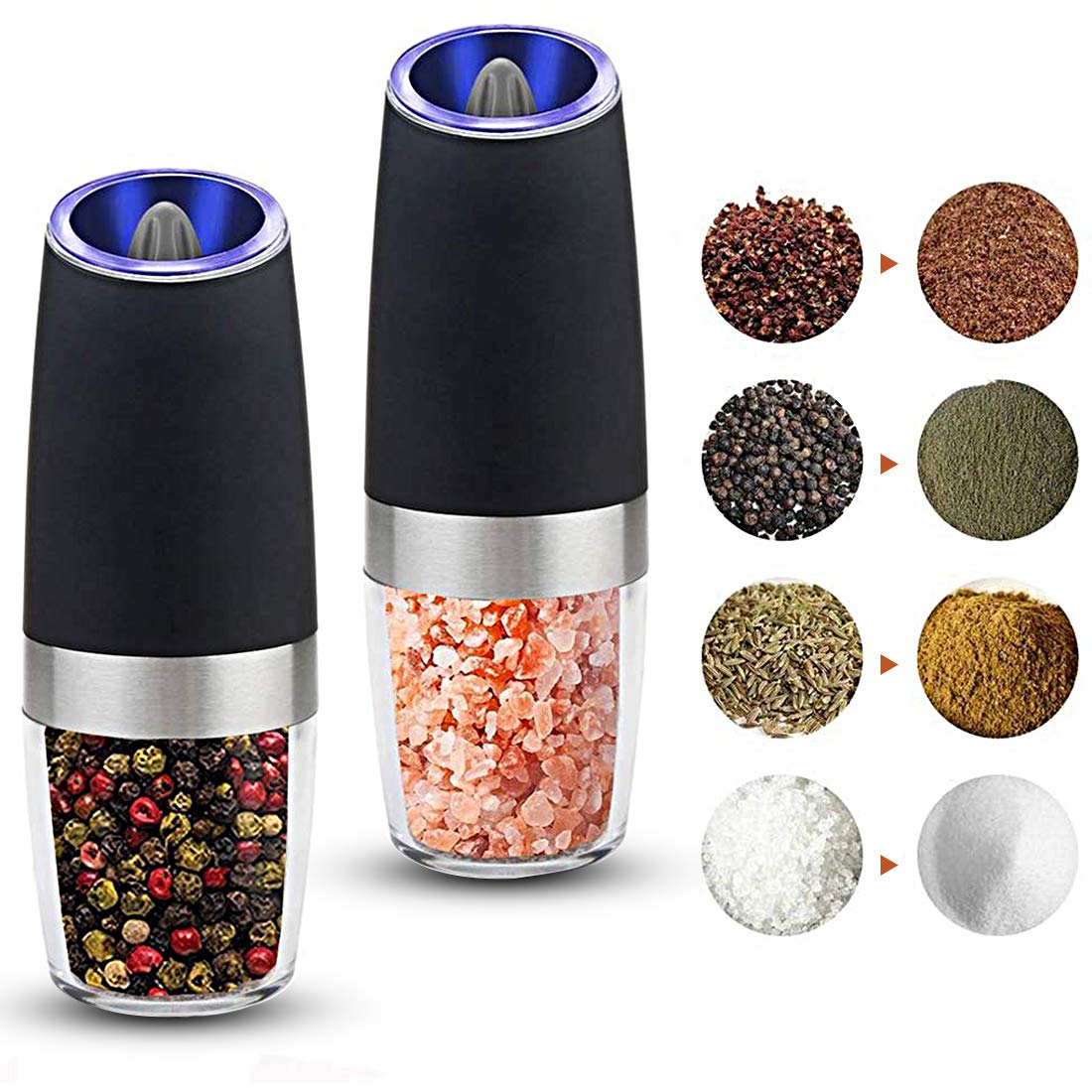 Electric Pepper Mill Grinder, SUMLINK Electric Pepper Mill Salt Mill Spice Tall Power Shaker, Automatic One Hand Pepper Mills with LED Light, Adjustable Ceramic Coarseness 2 Pack