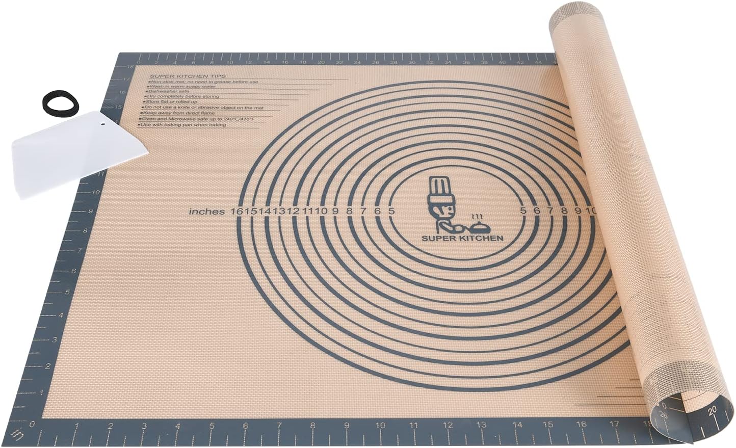 Super Kitchen Extra Large Non-Slip Silicone Pastry Baking Mat with Dough Scraper, Non-Stick Fondant Rolling Mat, Pizza Dough Kneading Board, Baking Equipment Counter Mat, BPA Free (Grey, 71 x 51 cm)