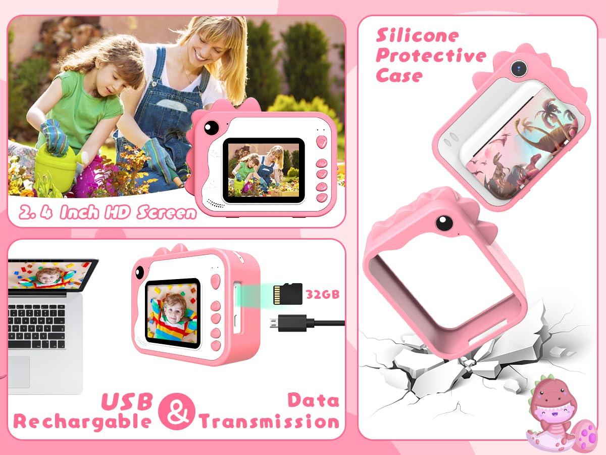 Cámara de impresión instantánea para niños, cámara de impresión instantánea de dinosaurio para niños con video de 1080P, tarjeta SD de 32 GB, 240 fotos, regalos de cumpleaños de Navidad para niños y 8