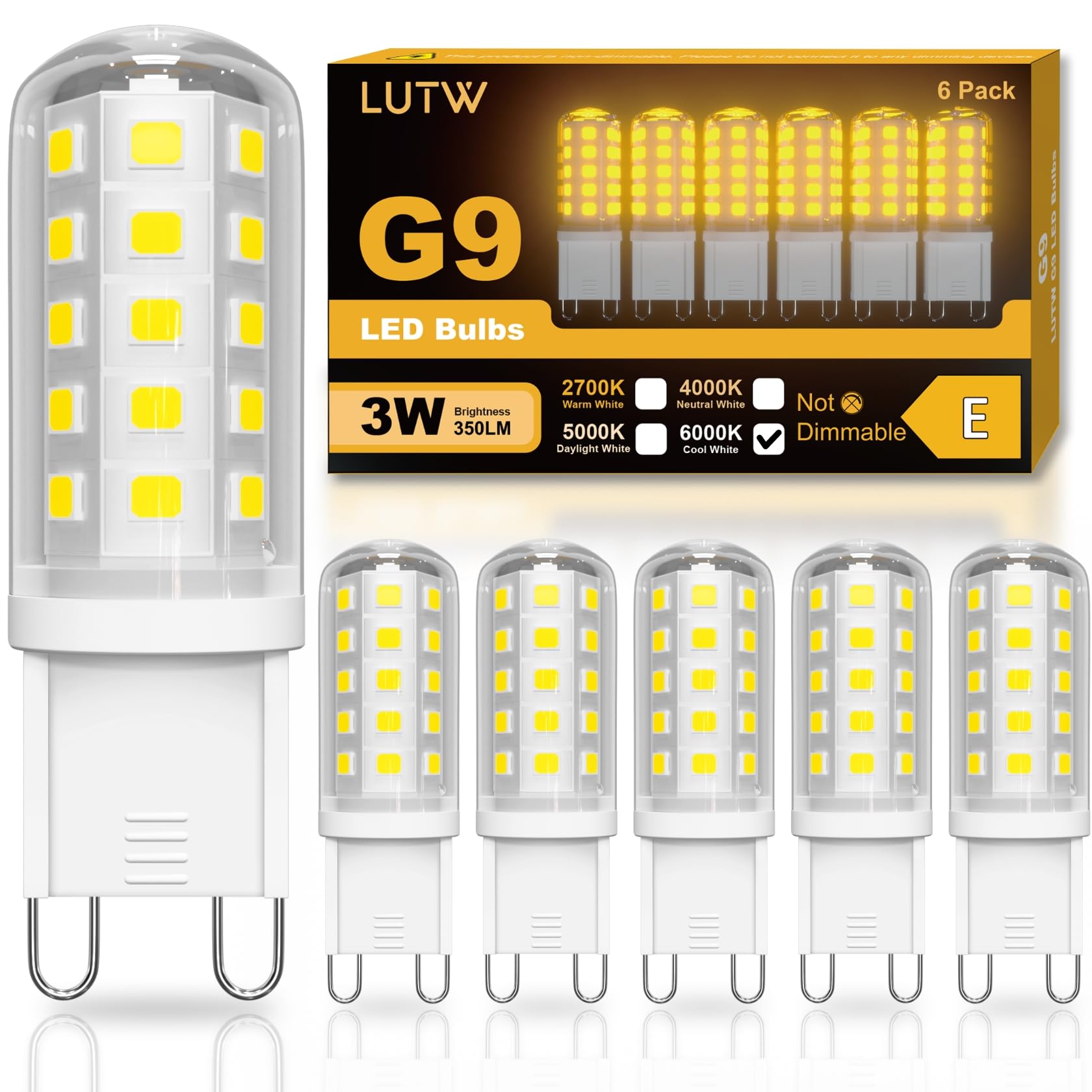 LUTW G9 LED Lampe Kaltweiß 6000K, 3W G9 Leuchtmittel Entspricht 30-40W Halogenlampe, g9 Glühbirne 350 Lumen, Nicht Dimmbar, Kein Flackern, Enegiesparende Kleine Birne, 6er Pack