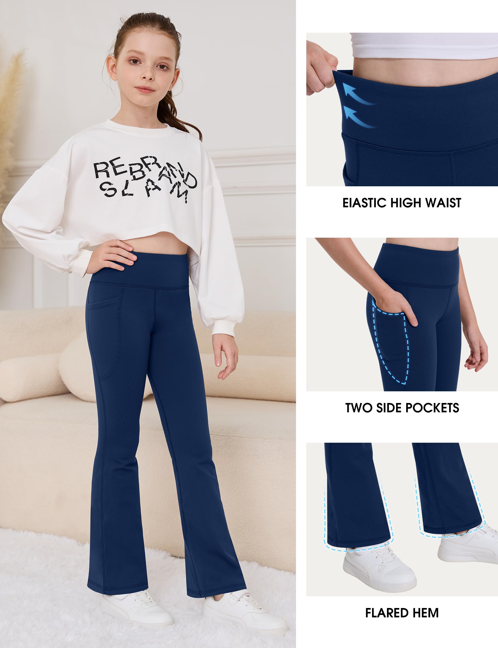 Desol Paquete de 2 leggings acampanados con forro polar para niñas con bolsillos, pantalones de yoga de cintura alta, pantalones térmicos de invierno