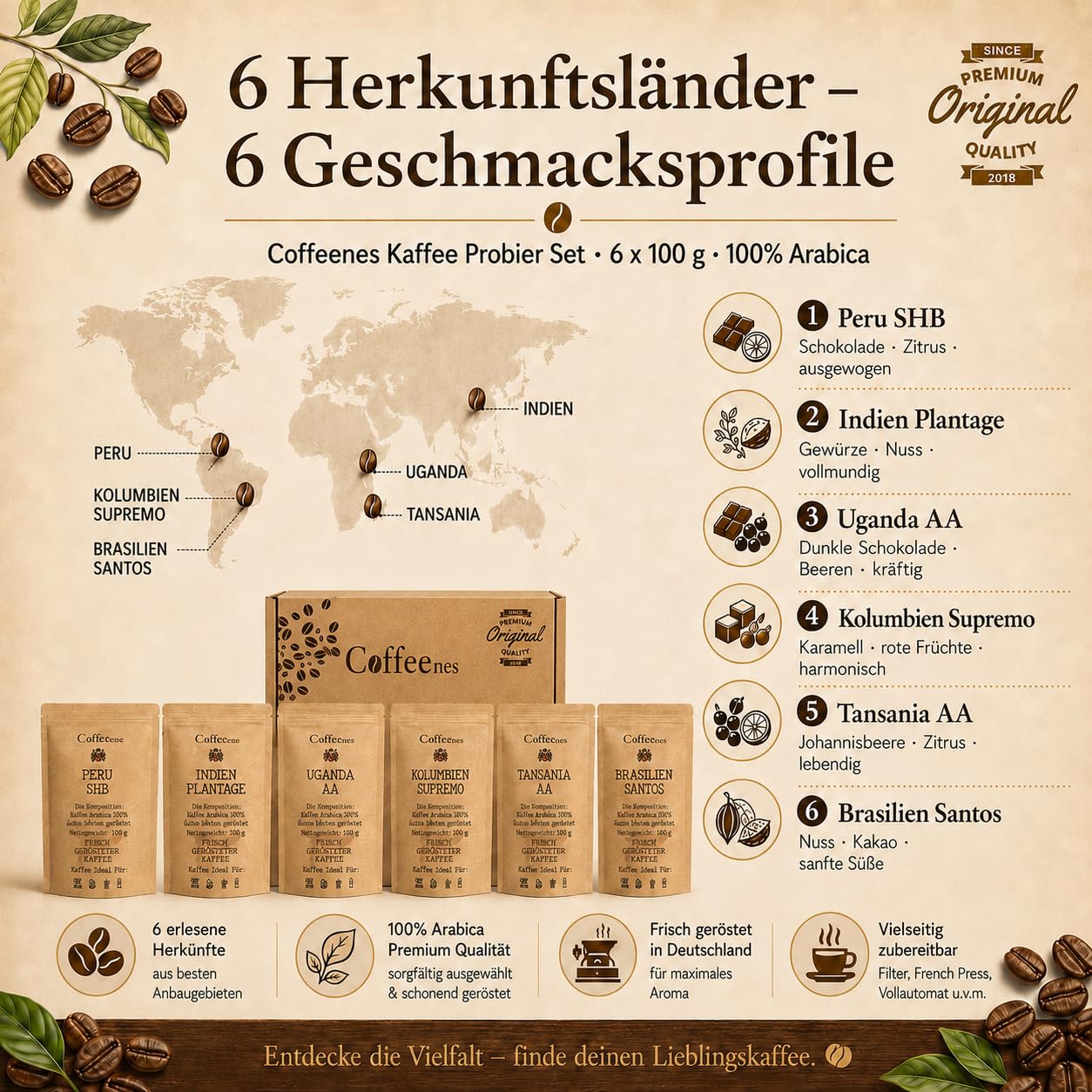 Kaffee Geschenk - Kaffeebohnen Geschenkset 6x100g Probierset Arabica für Vollautomaten | Single-Origin aus 6 Ländern, Ganze Bohnen | Geschenkidee für Kaffeeliebhaber, Männer & Frauen | Coffeenes