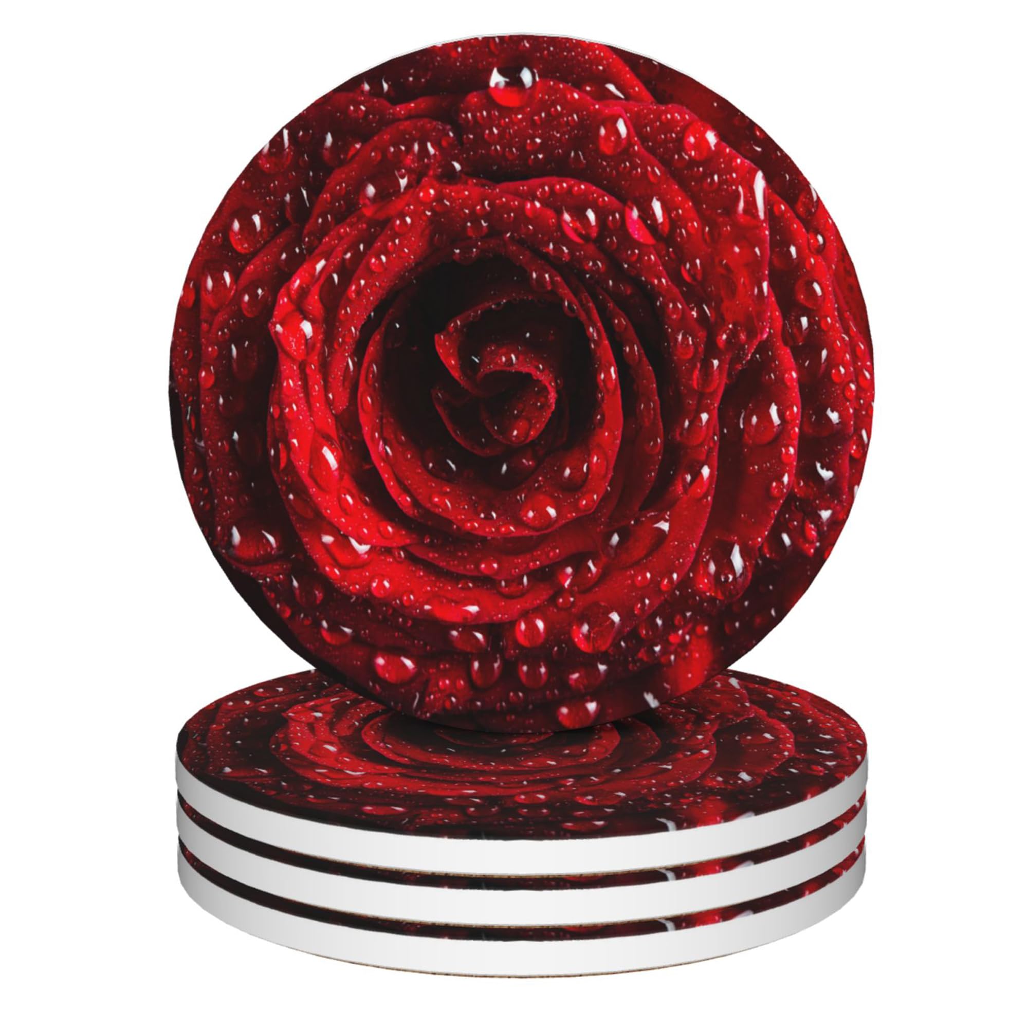 Losthll Red Rose Flower Coasters For Drinks, Absorbent Coaster Set Of 4 With Cork Base,Ceramic Drink Coasters For Cold Drinks Wine Glasses Cups Mugs,Housewarming Gifts For Home Decor