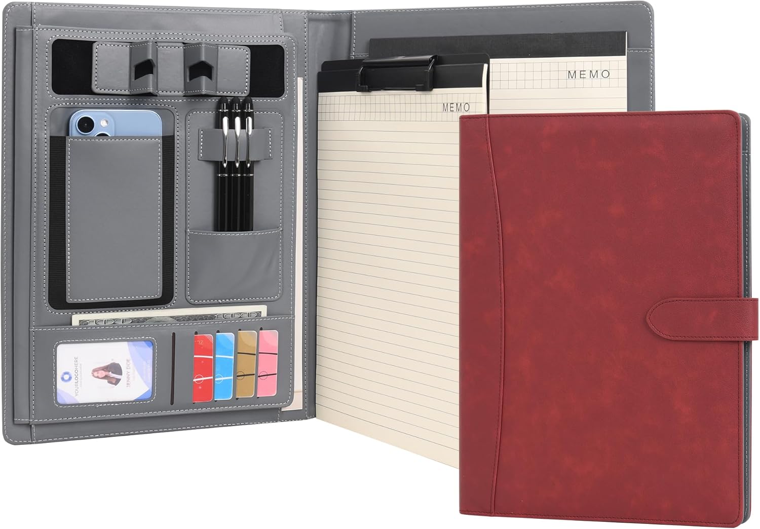 Wason Portfolio Padfolio A4 Leather PU Folder File Document Holder Case with Writing Pad Removable Clipboard Card Stationary Case Phone Tablet Stand for Organizer Office Travel School (Red Wine)