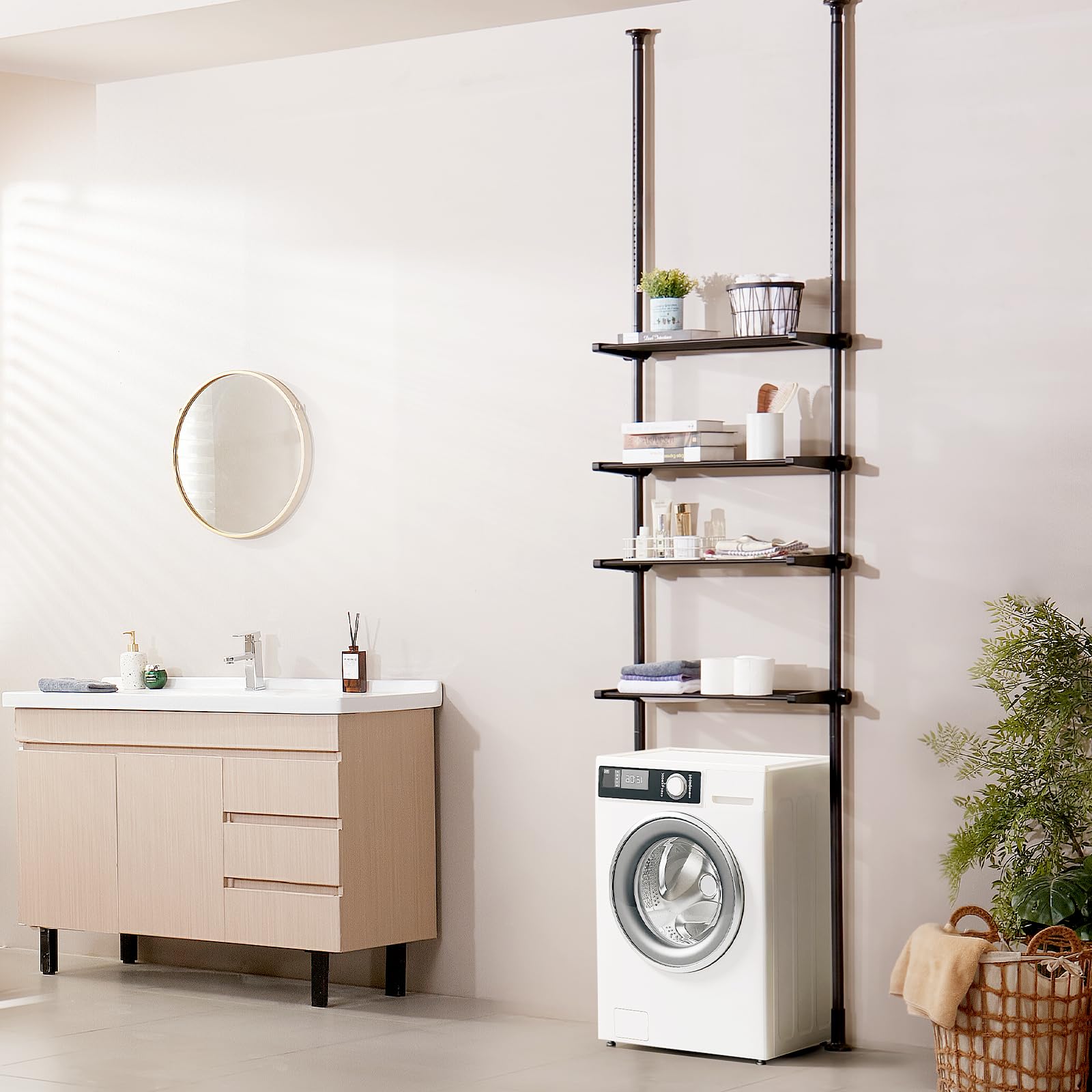 VEVOR Aufbewahrung über der Toilette, 4-stufiger Verstellbarer Badezimmer-Organizer über der Toilette, kohlenstoffarmer Stahl, 135–332 cm hohes Lagerregal, einfach zu montierender Wäscheplatzsparer