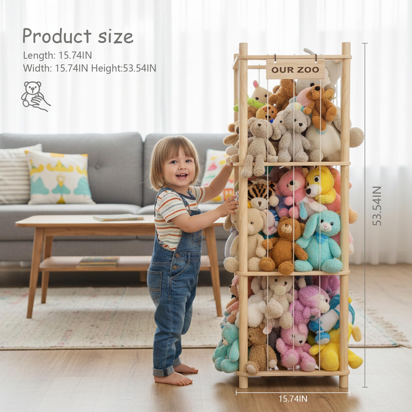 Holz Kuscheltier Aufbewahrung,Stofftier Aufbewahrung,136 * 40 * 40cm plüschtier aufbewahrung für Kinderzimmer, Spielzimmer, Wohnzimmer usw