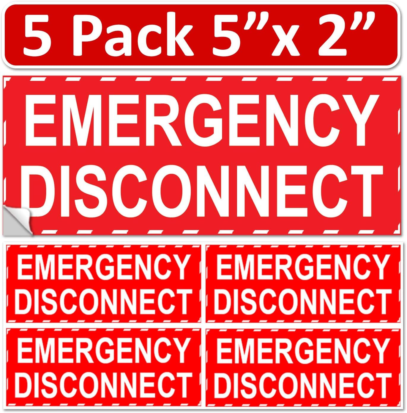 5 Pack 5"x 2" NEC Compliant RED Emergency Disconnect Outdoor Laminated Labels Decal Sticker Panel Heavy Duty Vinyl Waterproof Electrical Panel