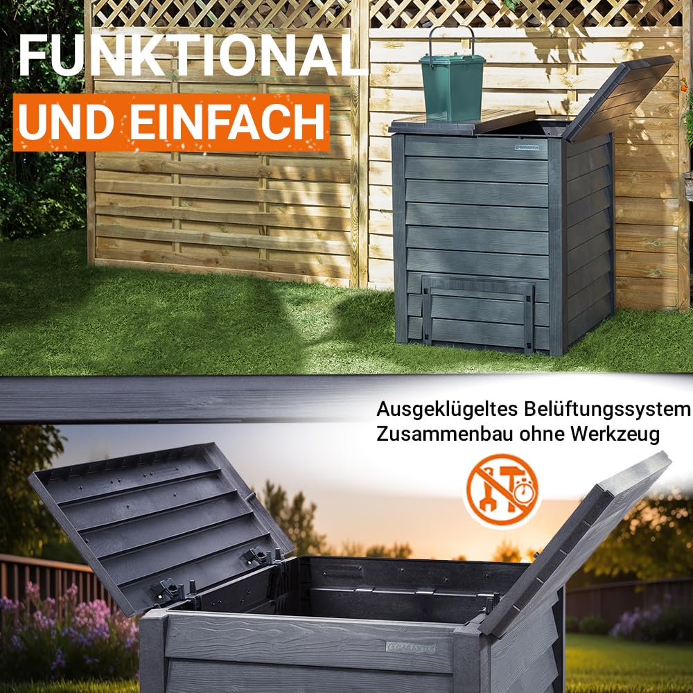 GARANTIA Thermo-Wood Komposter 600 Liter inkl. Bodengitter anthrazit-braun - mit moderner Optik für den Garten - werkzeuglos montiert und komfortabel nutzbar - aus Recyclingkunststoff samt UV-Schutz