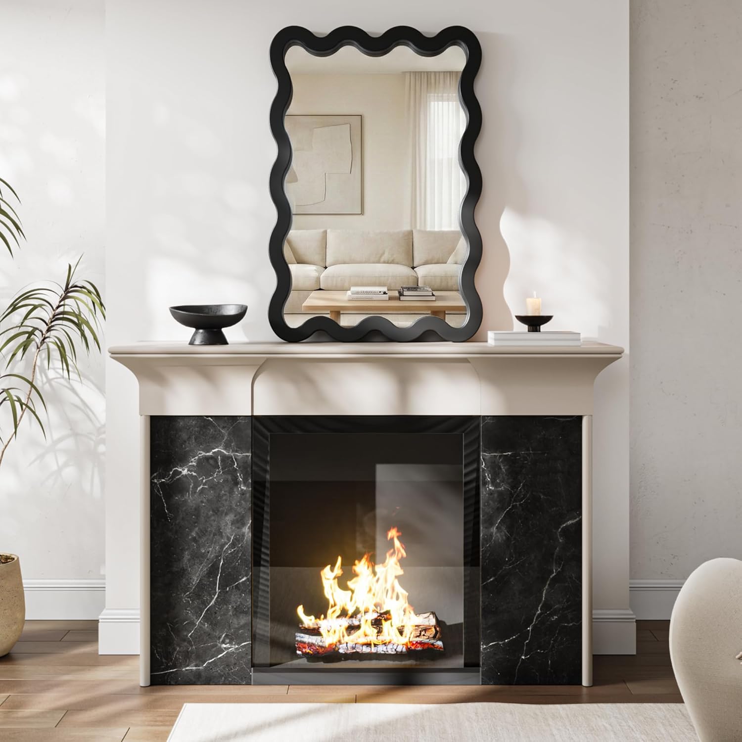 24"x36" Matte Black Wavy Wall Mirror for Bathroom Vanity, Large Solid Wood Asymmetrical Mirror, Irregular Squiggle Mirror for Bedroom, Modern Funky Aesthetic Decor
