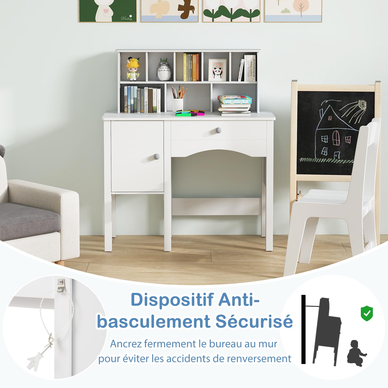 DREAMADE Bureau Enfant avec Chaise Ergonomique, Table d'Activités, Armoire, Tiroir, Blanc 79x34x91CM