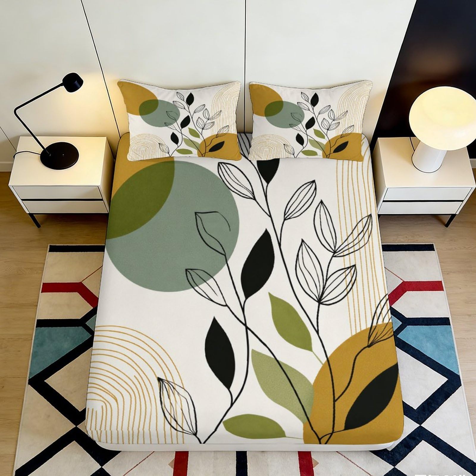 3D Printed Abstract Leaf Fitted Sheet Microfiber Soft Breathable Geometric Circle Mattress Cover for Bedroom Decor 90x200x25cm