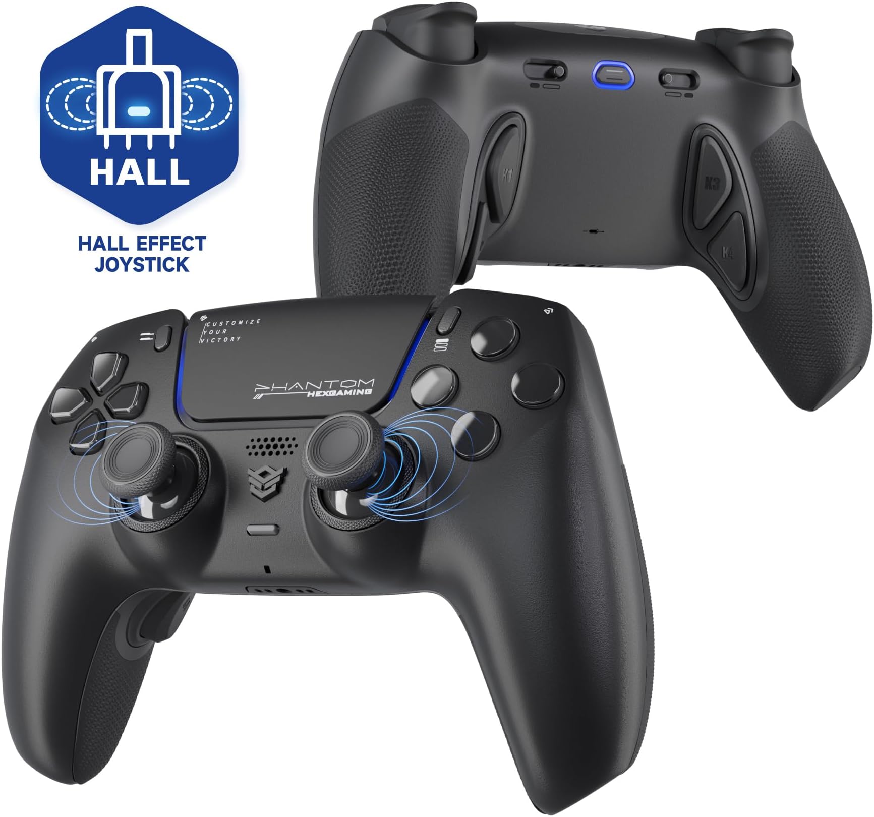 HEXGAMING PHANTOM Controller for Competitive Gaming - Hall Effect, 4 Remappable Buttons, 6 Profiles, 8 Interchangeable Stick, and Adjustable Triggers Compatible with ps5, PC, Mobile - Chaos Black