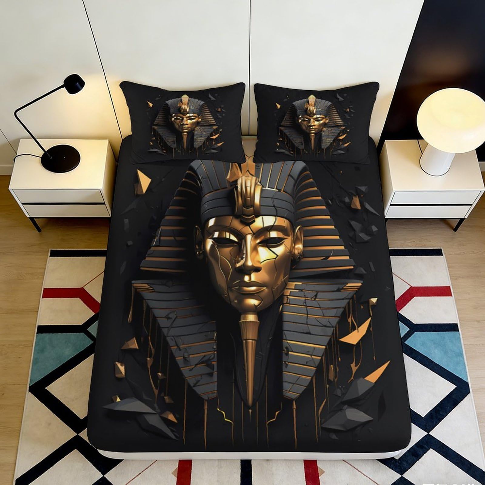 Pnayamiorkfel Style-9 3D Printed Pharaoh Black Gold Fitted Sheet Microfiber Bedroom Decor Sphinx Mattress Cover For Home Guest Room 90X200x25cm
