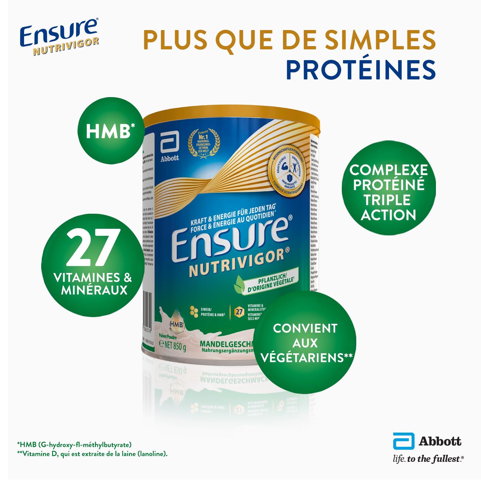 Ensure NutriVigor d'origine végétale - Complément alimentaire avec protéine, HMB et 27 vitamines et minéraux, y compris la vitamine C, le magnésium et le zinc - Saveur amande - 1 x 850g