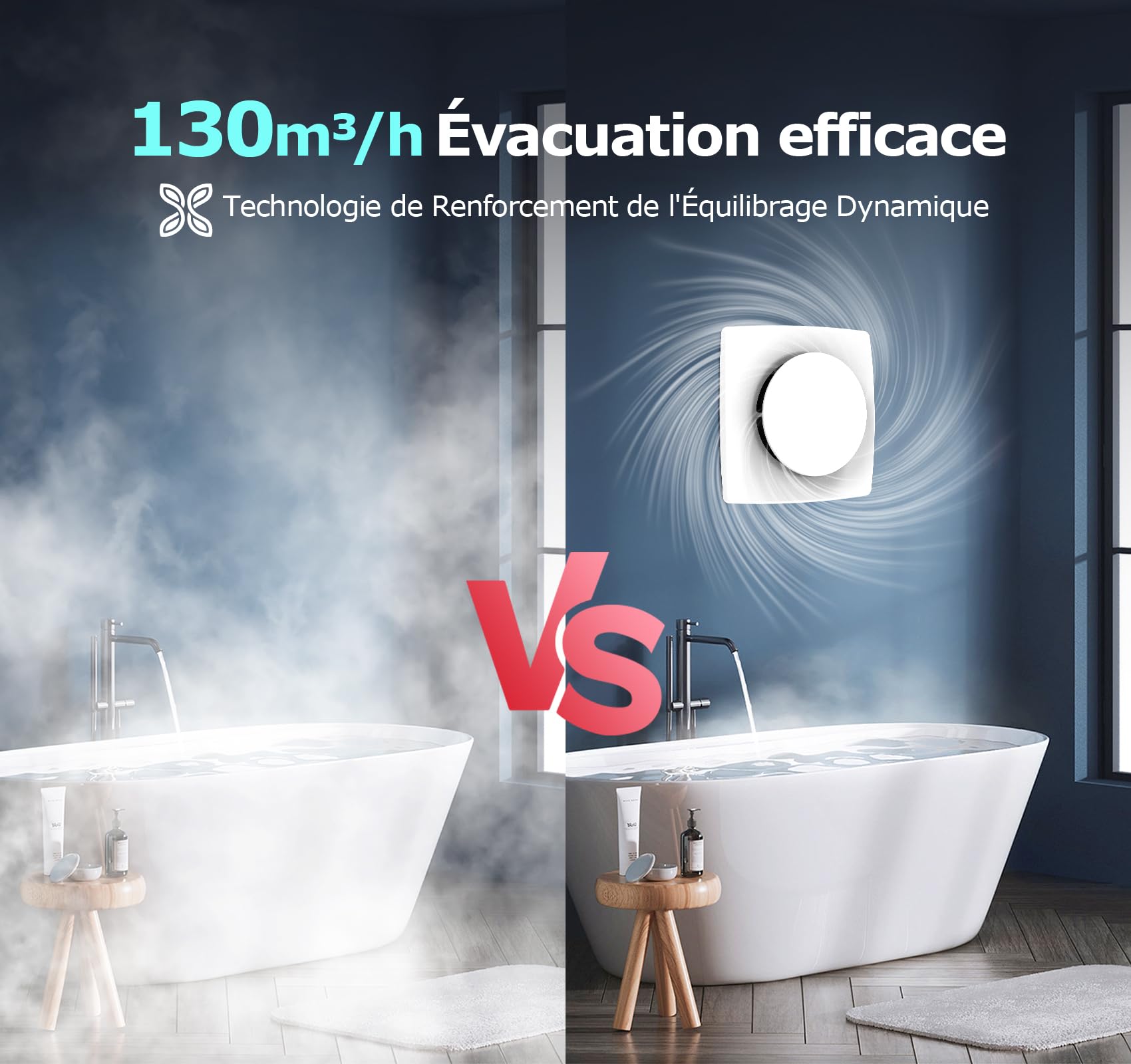 Extracteur d'Air 100mm Silencieux Puissante Ventilation, 130m³/h Ventilateur Amélioré Économe en Énergie, VMC Salle de Bain IPX4 Étanche, Idéal Aerateur dAir pour Salle de Bain, WC, Garage
