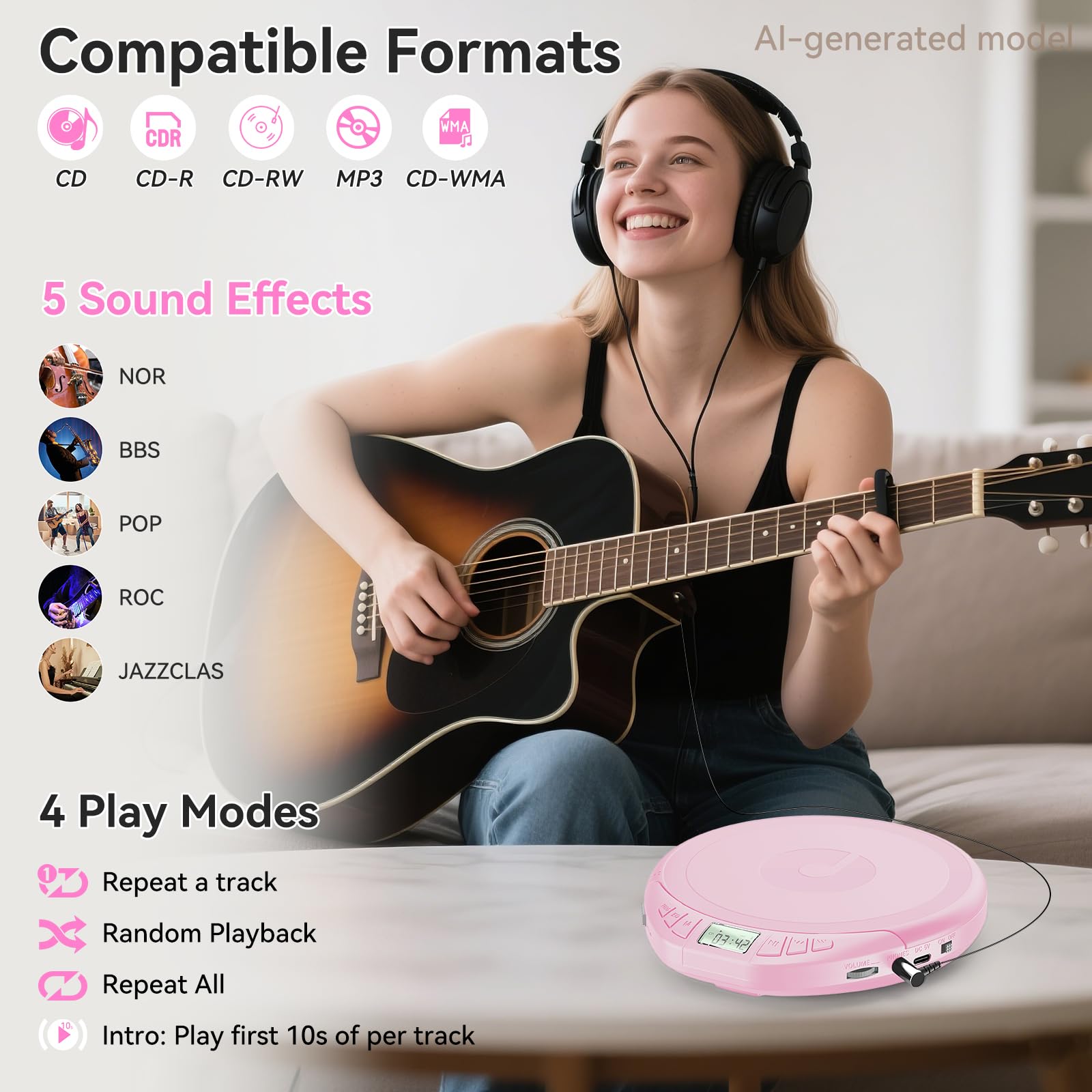 Gueray Lecteur CD Portable avec Casque Écran LCD Protection Anti-Saut Lecture HiFi Classique Fonction Mémoire Prog Lecteur CD Personnel pour Voiture Maison (Rose)