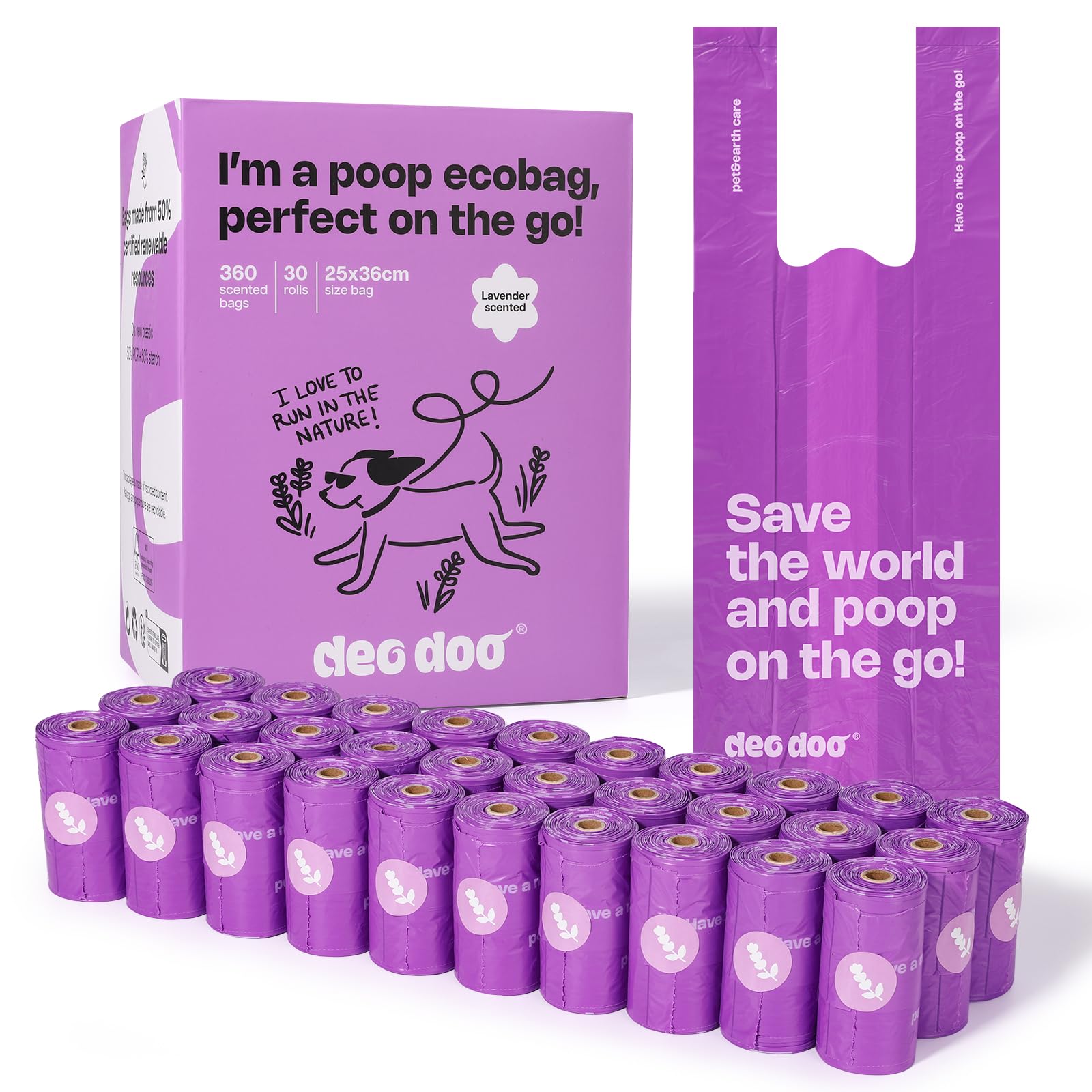 Deo Doo Dog Poop Bags with Handles 30 Rolls 360 Counts Big Sizes Leak Proof and Extra Thick Waste Bags Refill Rolls for Walking Small Medium Large Dogs Cats Litter Lavender Scented