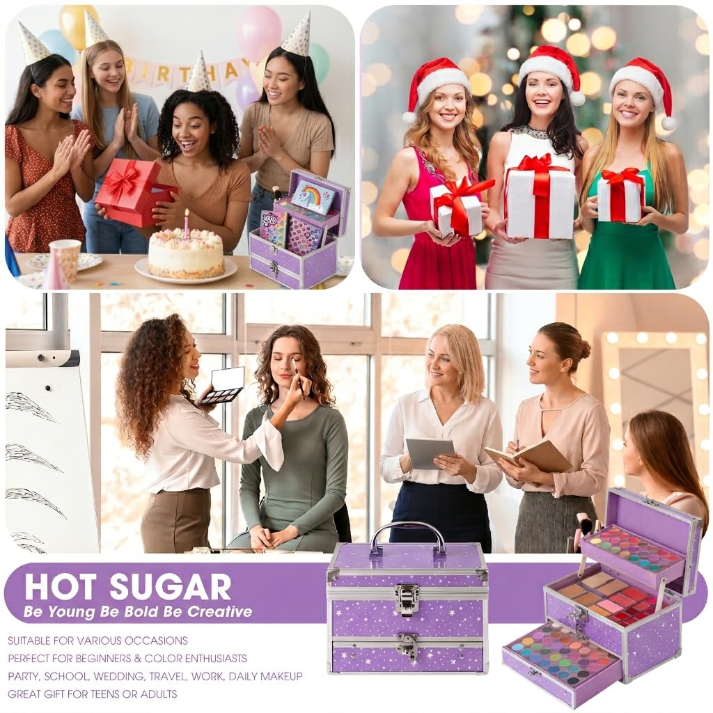Hot Sugar Makeup Kit for Teens with Train Case, Portable Beginner Makeup Gift Set, Makeup Beauty Kit for Girls (Purple)