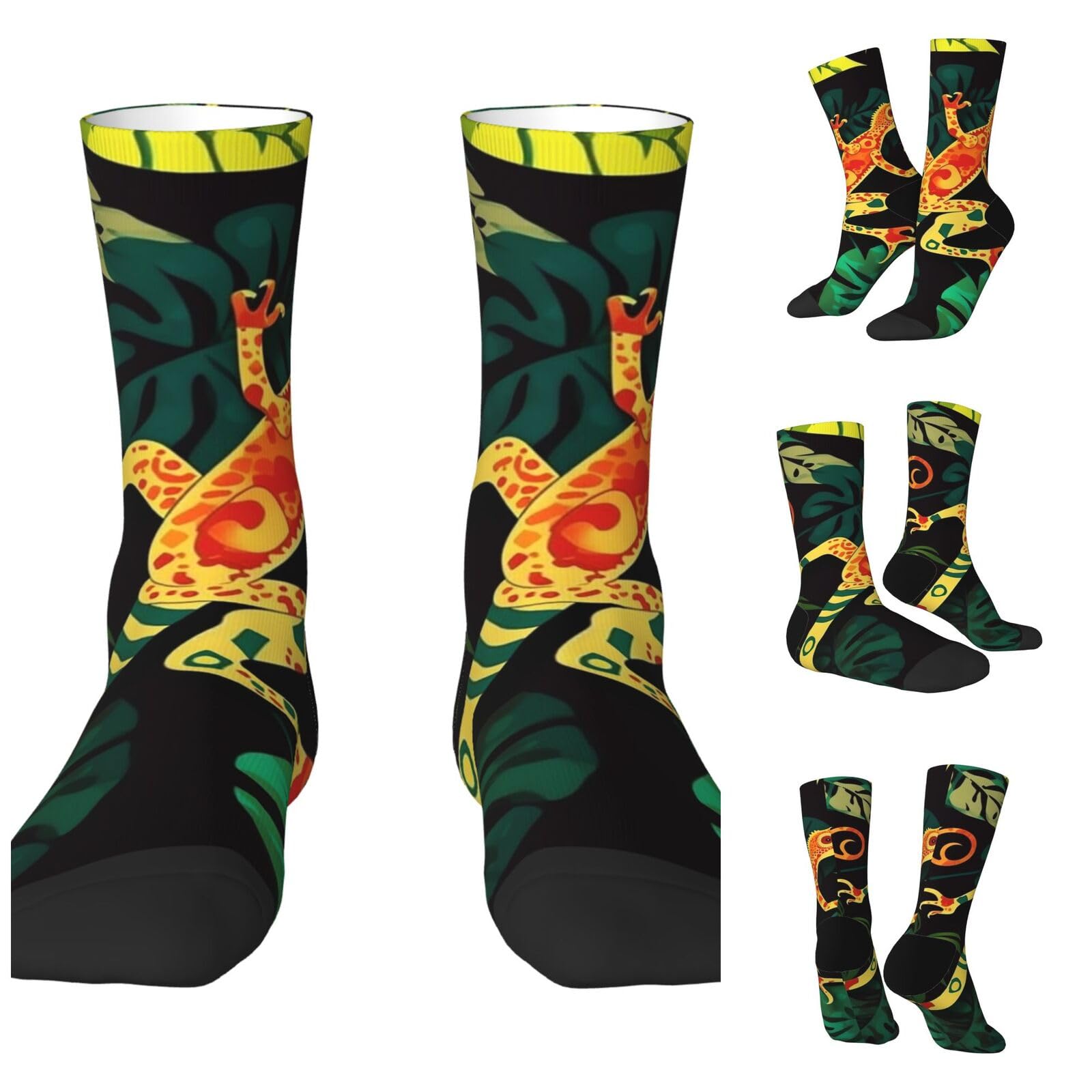 LZQPOEAS Gecko and tropical leaves Athletic Socks Unisex Cushioned Crew Socks Hiking Running Calf Sock Soft Above Ankle Sock