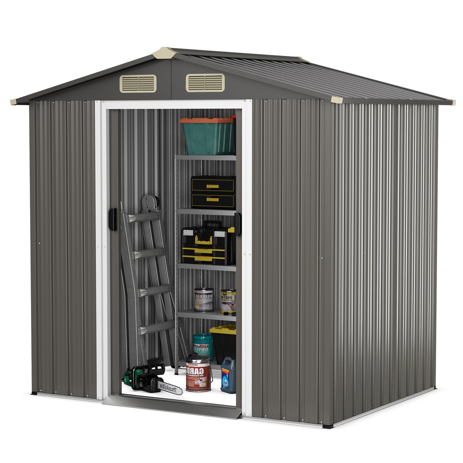 HOMASIS Casetta da Giardino in Metallo, Capannone per Attrezzi con Tetto a 2 Falde e Fondamenta, Capanno con 4 Finestre e 2 Porte Scorrevoli (Grigio scuro, 196 x 142 x 186 cm, 3,68 m³)