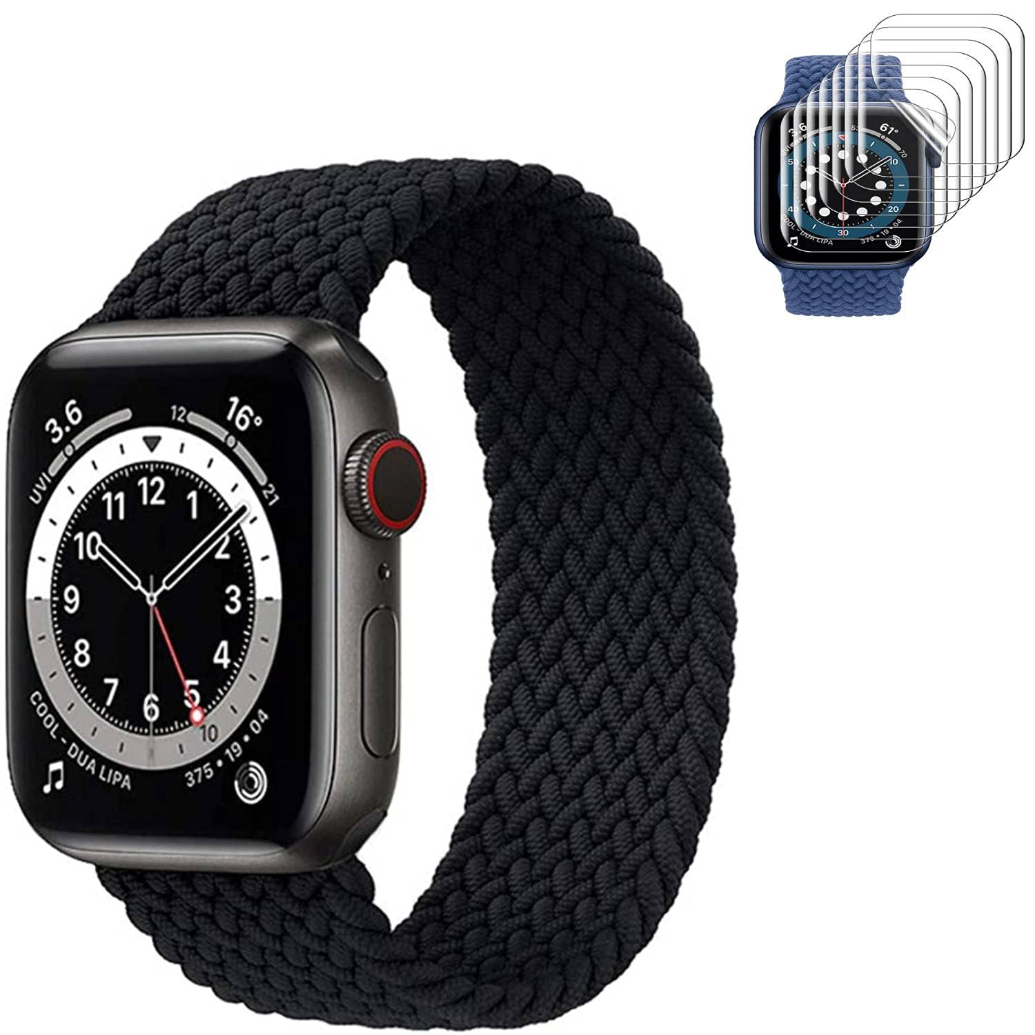 2 in 1 KG20 Nylon Braided Solo loop Strap/Band + FREE SCREEN PROTECTOR FILM Compatible with Apple Watch series 7/6/SE/5/4/3/2/1 (42mm-44mm (L), BLACK)