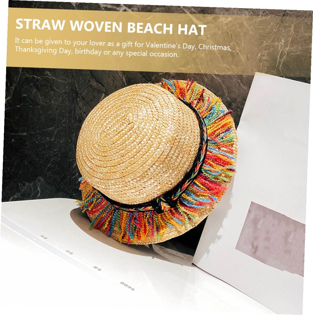 Housoutil Multifunctional Beach Straw Hat with Wide Brim and Colorful Tassels Sun Protective Woven Straw Sun Hat for Outdoor Summer Travel image 5