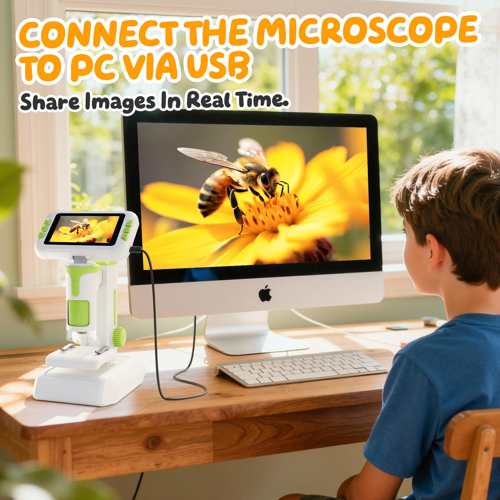 1600X Microscopio para Niños, 4.0" Pantalla Microscopio Digital con Kit de Portaobjetos y 6 Luces LED, Juguetes Ciencias Educativas, Niños Alumnos de 3 a 12 Años