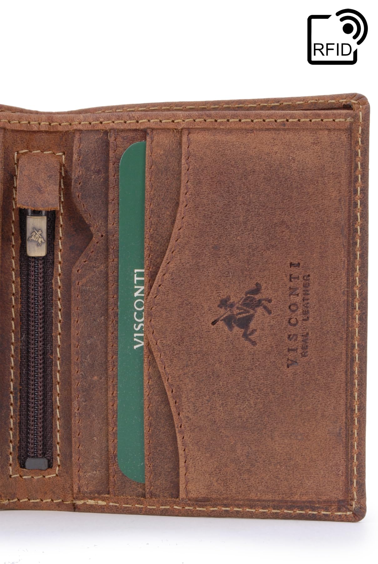 VISCONTI - Portafoglio Uomo Compatto in Pelle - Porta Carte di Credito per 6 Carte con Portamonete - Due Pieghe - RFID - 705 Arrow Olio Marrone Chiaro