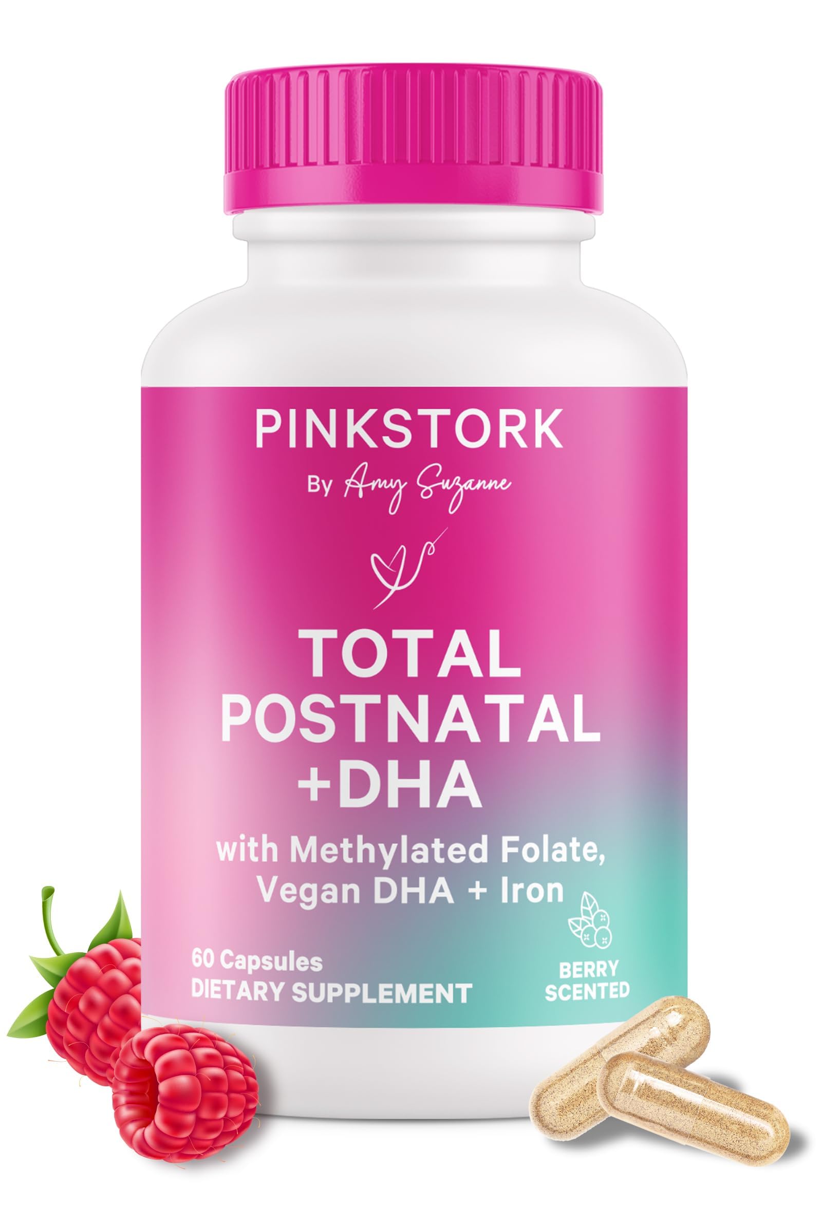Pink Stork Total Postnatal Vitamins for Women | Vegan DHA, Iron, Folate, B12 | Postpartum Recovery Essentials | Lactation Support for Breastfeeding Moms | Third-Party Tested - 60 Capsules, Berry