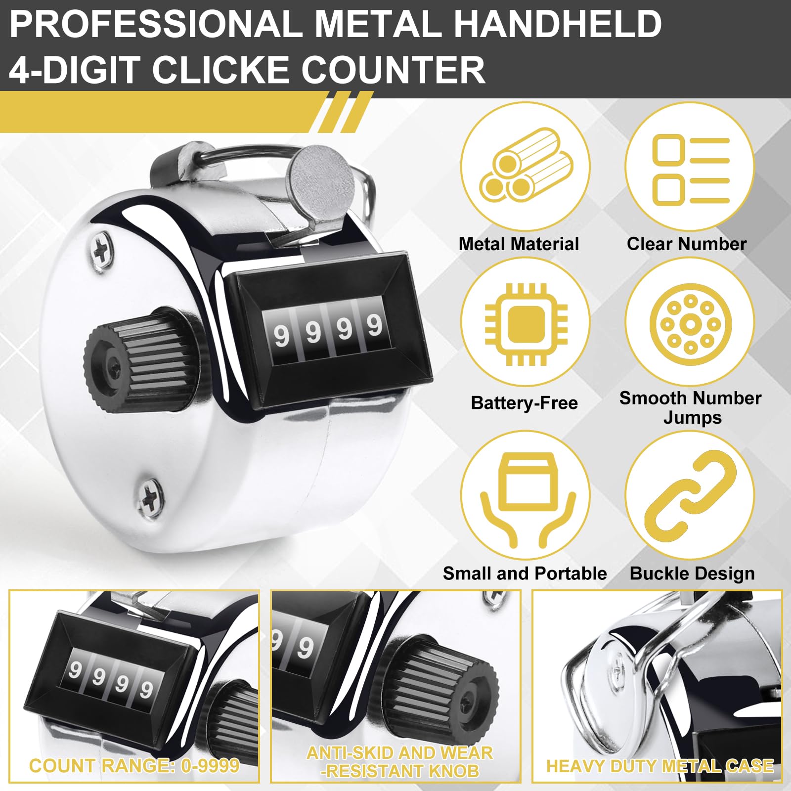 2 contadores de clicker de alta calidad, de metal plateado, contador de mano mecánico manual con cordón de nailon, contador de números de 4 dígitos para golf, personas, regazo y fila, etc.