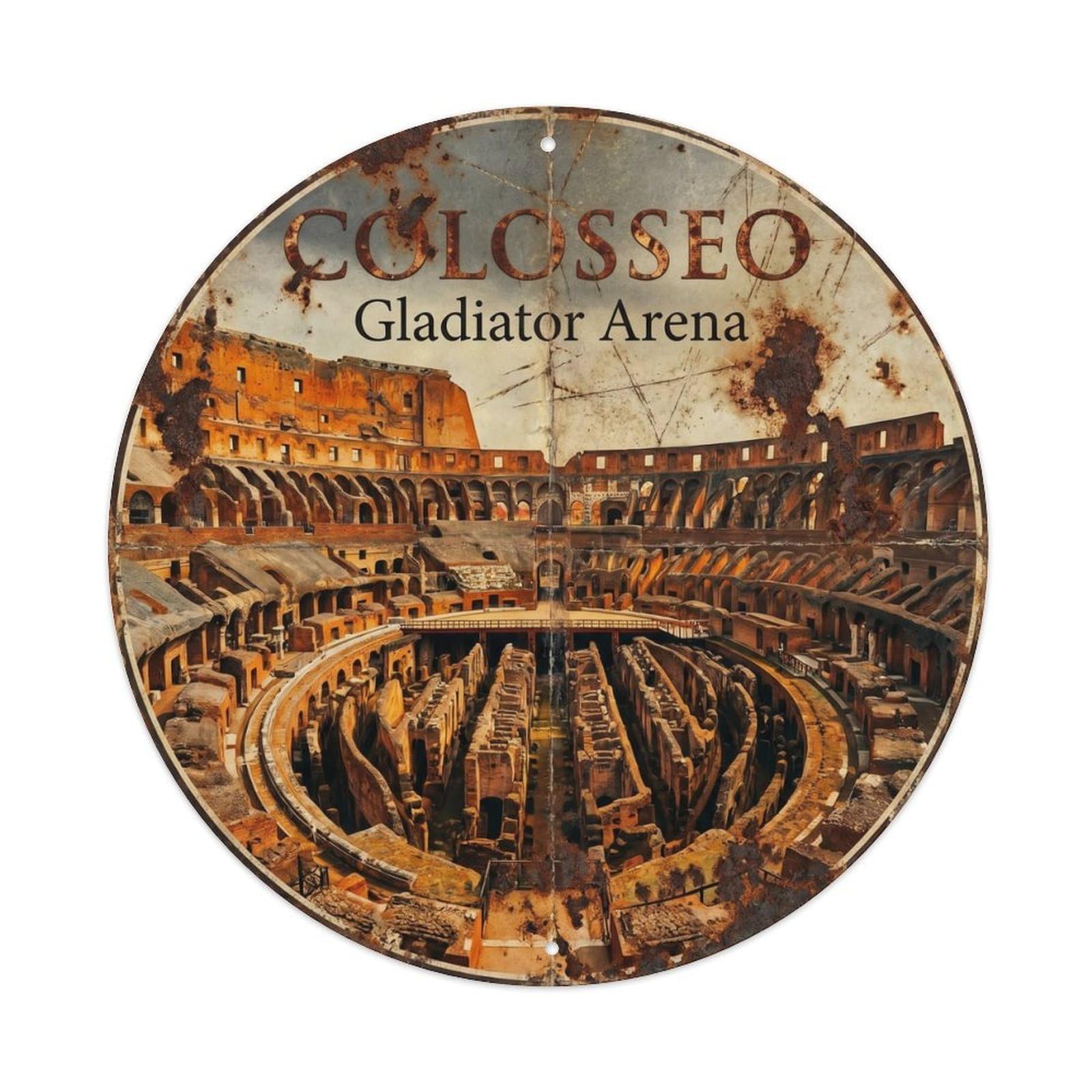 Vintage Travel Colosseum Gladiator Rome 1 Metal Tin Sign Plaque Wall Decor for Cafe, Club, Garden Round Metal Poster 8x8Inch