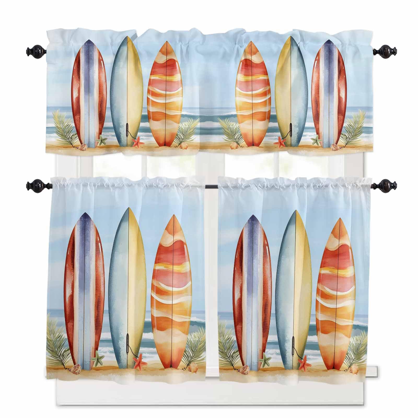 Summer Blue Coastal Kitchen Curtains 36 Inch Length, 3 Piece Rod Pocket Small Half Tiers and Valance Set, Canoeing Yellow Beach Starfish Small Large Window Treatment Decor for Bedroom/Bathroom Sink
