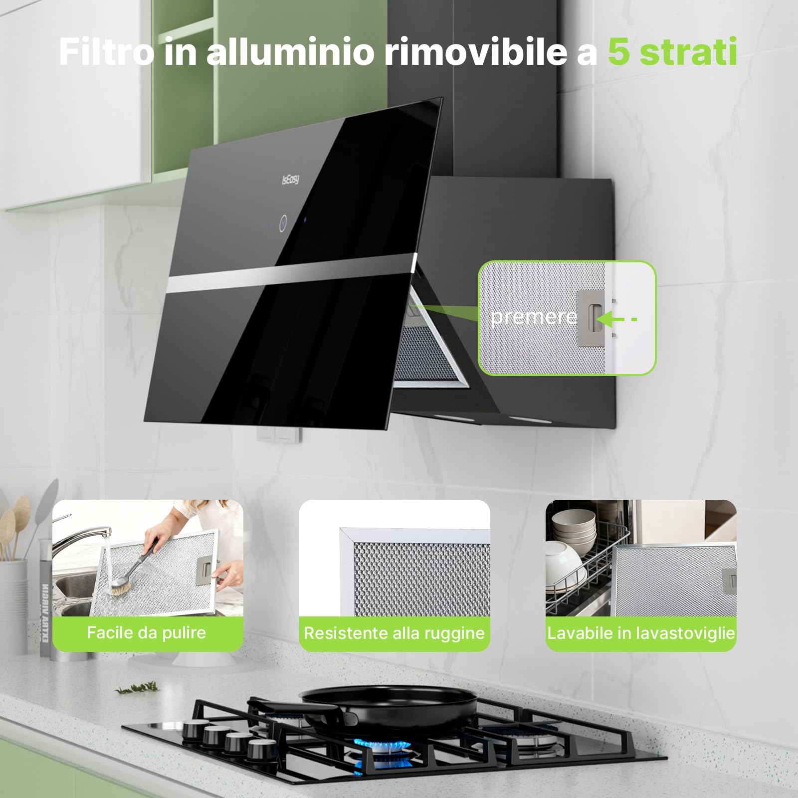 IsEasy Cappa Aspirante 90 cm con 578 m³/h Forte Potenza di Aspirazione, Cappa Cucina 90 cm di Scarico/Ricircolo, 4 Livelli di Regolazione, Ritardo 1-9 Minuti, 58 dB, Nero, Efficienza A++