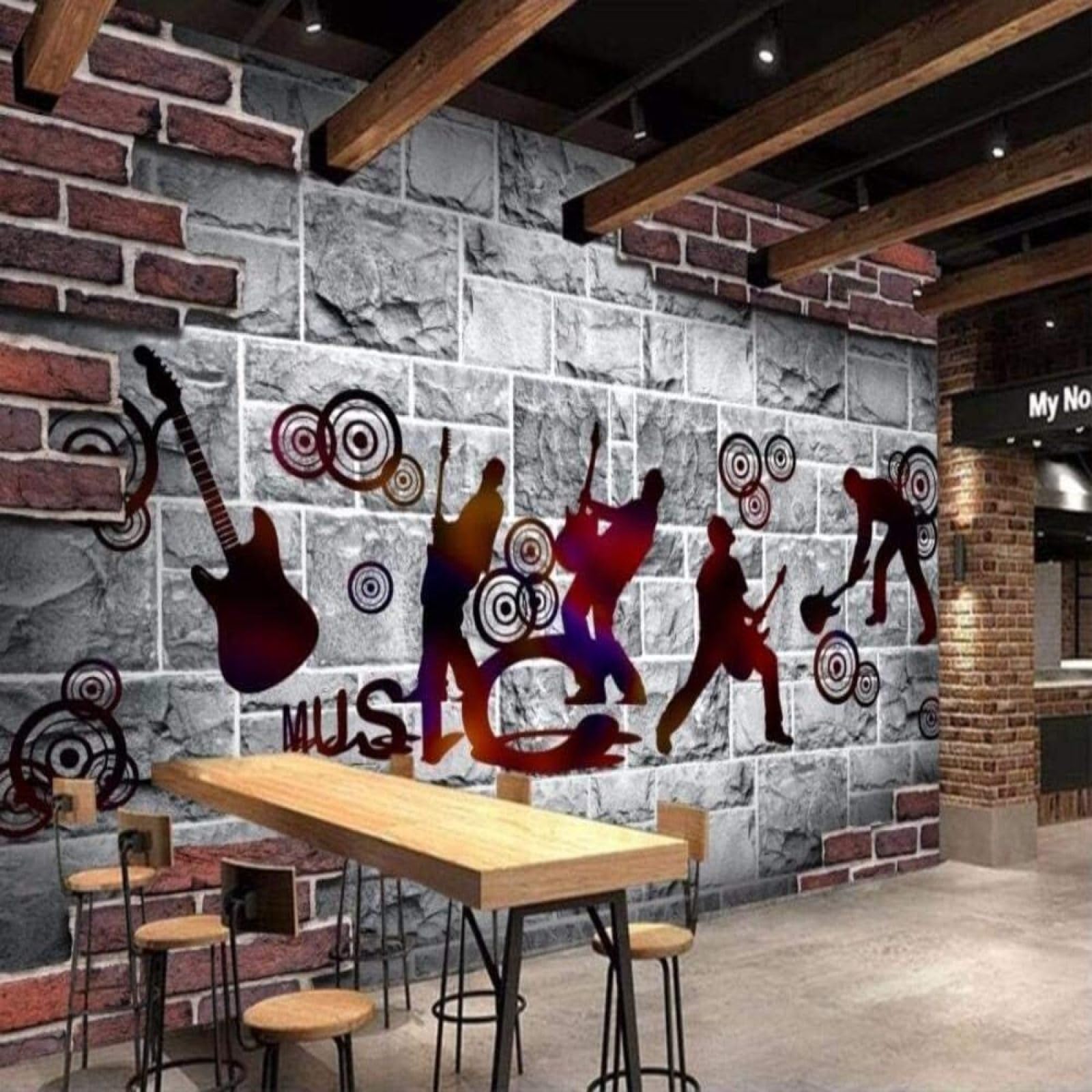 XLMING Rock Musica Retrò Dipinto A Mano Arte Muro Di Mattoni 3D Carta da Parati Premium Aspetto Della Seta Studio Soggiorno Camera Letto Parete Divano Muro-250cm×170cm
