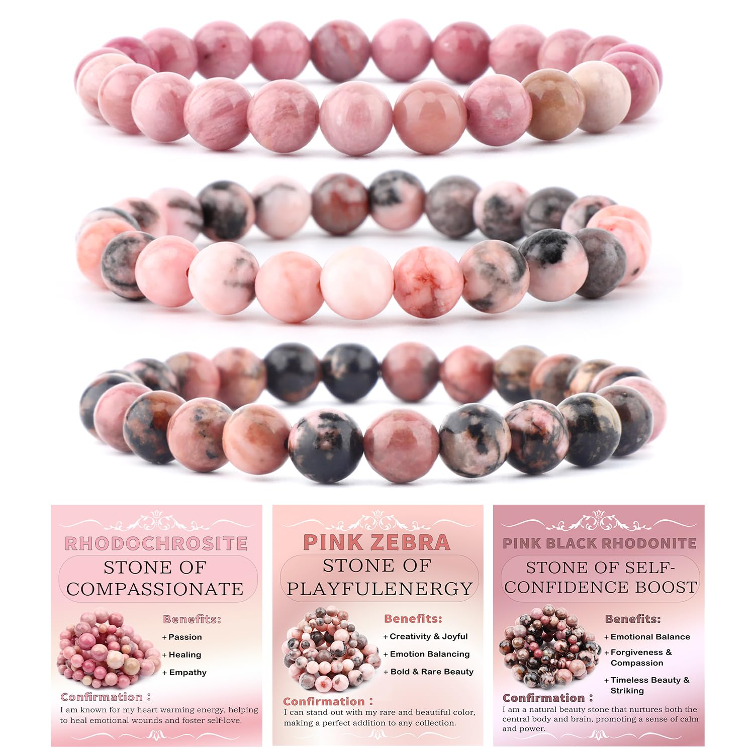 NCB 3-Piece Natural Crystal Gemstone Stretch Bracelets - Rhodochrosite, Pink Zebra, Pink Black Rhodonite 8mm | Handmade Reiki Energy Healing Jewelry - main product image