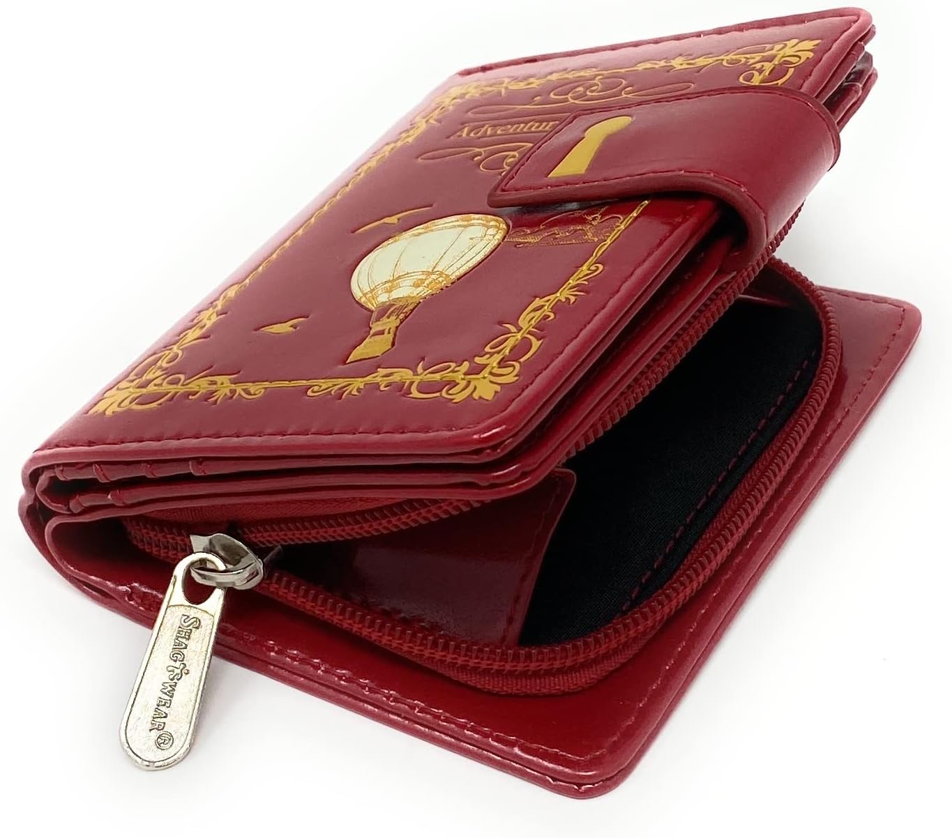 Shag Wear Adventure Stories Hot Air Balloon Small Wallet Vegan Faux Leather Vintage Travel Design Compact Purse with Card Slots ID Window Zippered Coin Section 4.5" Red