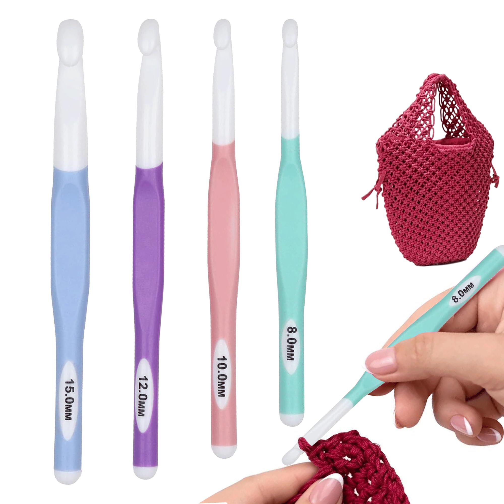 Coopay 8 stuks grote haaknaaldenset, 20 mm, 15 mm, 12 mm, 10 mm, 8,0 mm, 6,0 mm, macaron haaknaalden voor beginners, inline grote maat, haaknaaldenset met ABS haakkop, jumbo haaknaald voor dik garen