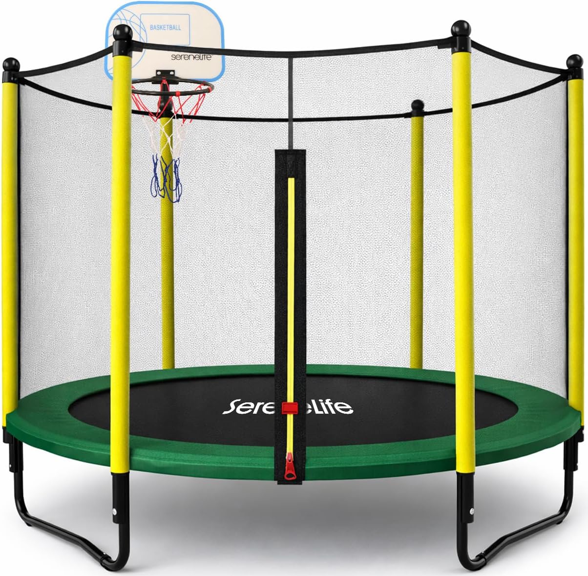 SereneLife 5FT Outdoor & Indoor Trampoline for Kids – Durable Mini Toddler Trampoline with Net Enclosure & Basketball Hoop - Supports 176 lbs, 60"x76"