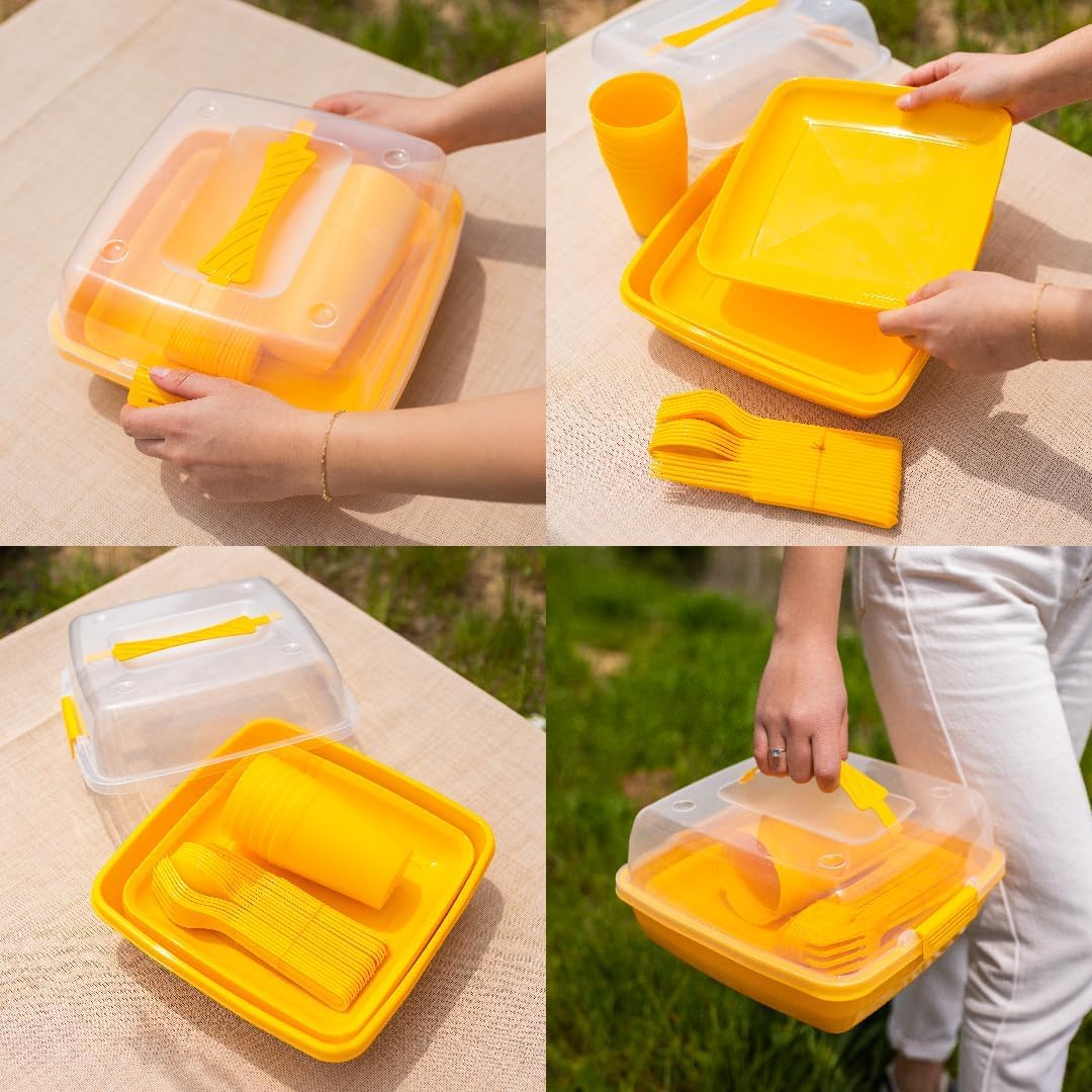 Orret Home 32 Parça Plastik Piknik Seti, Tabak, Çatal, Kaşık, Bıçak, Bardak, Kamp ve Piknik İçin Taşıma Kutulu, Dayanıklı ve Renkli, Açık Hava Etkinlikleri İçin İdeal