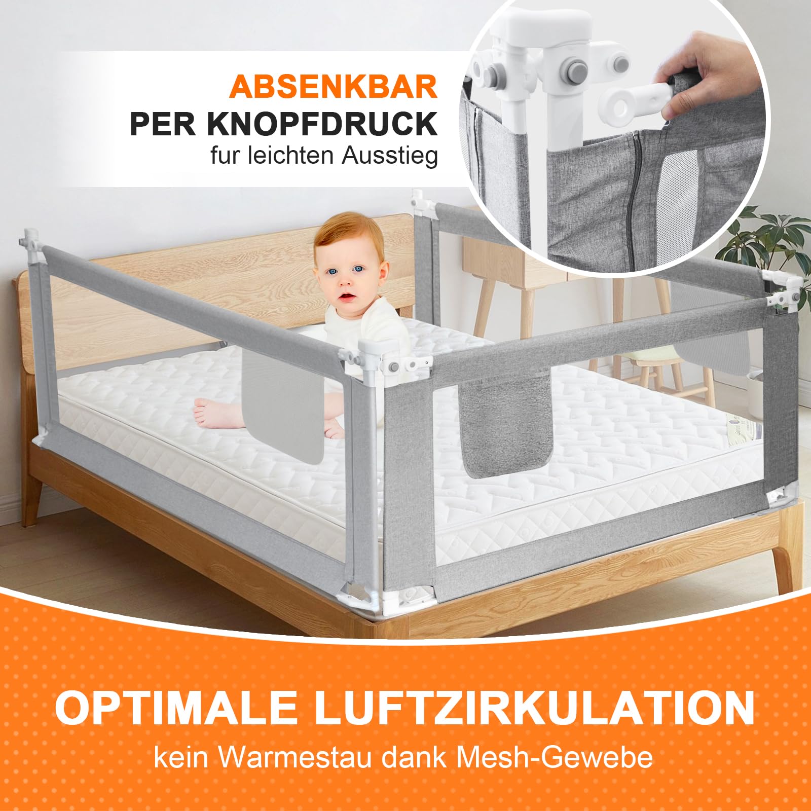 Barrera de cama gris 2 m, nuevo patrón, protección contra caídas, rejilla de protección para cunas, protección contra caídas, para cunas, protección contra caídas, instrucciones de montaje en