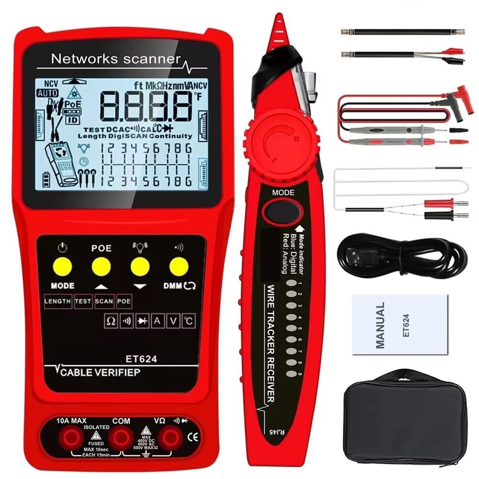 Tester kabli sieciowych, Tester Kabli Sieciowych, LAN, Wizualny Lokalizator Uszkodzeń, Multimetr, Mapowanie, POE, RJ45, dla kabla sieciowego(Et624)