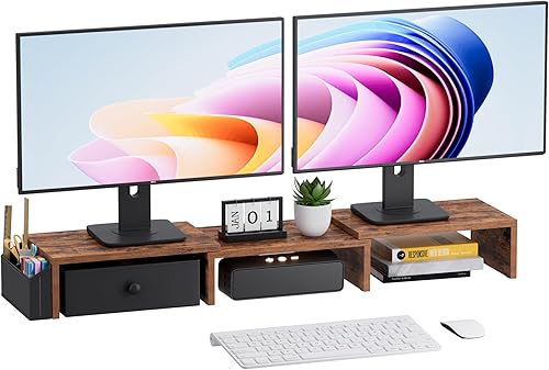 Soporte elevador para monitor doble, longitud ajustable y soporte de monitor de ángulo giratorio, soporte ergonómico para monitor con cajón y