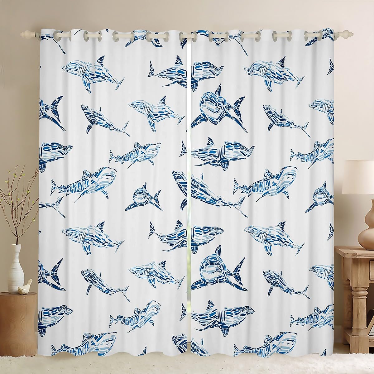 Shark Blackout Curtains Ocean Life Curtains for Child Boys Blue Watercolor Hand Drawn Cartoon Sharks Curtains & Drapes Underwater Sea Wild Animals Fish Marine Life Window Curtains 38